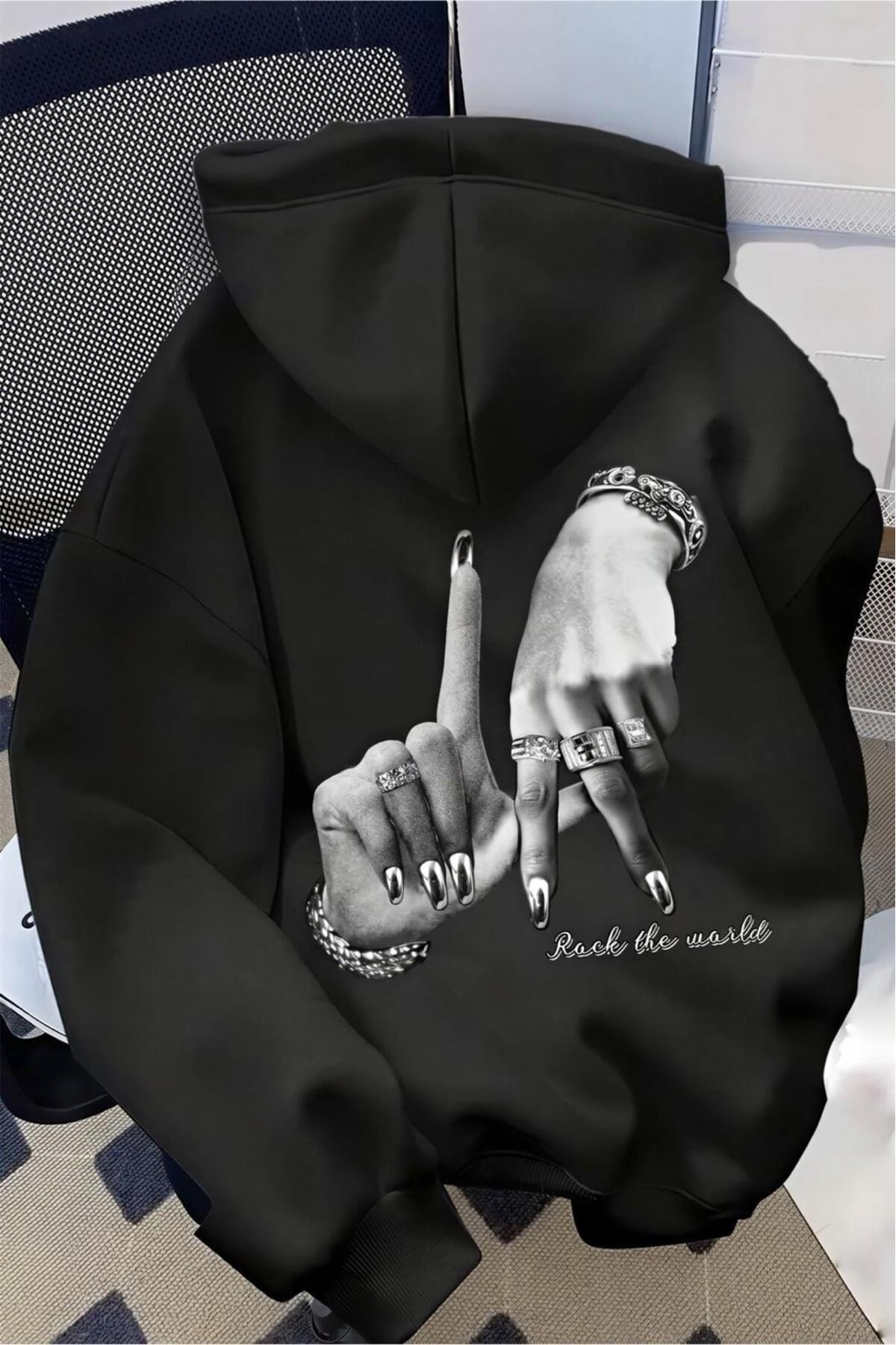 Oksit Unisex Oversize La Back Printed "Rock the World" Hooded Sweatshirt Hoodie