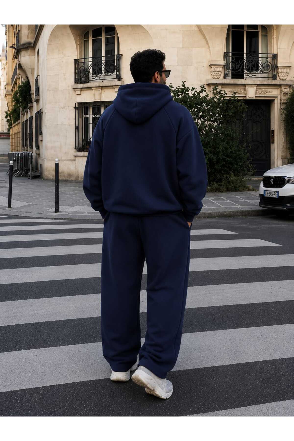 Unisex Oversize Kapüşonlu Eşofman Takımı — سرمه‌ای 00046 — تصویر 3 از 4