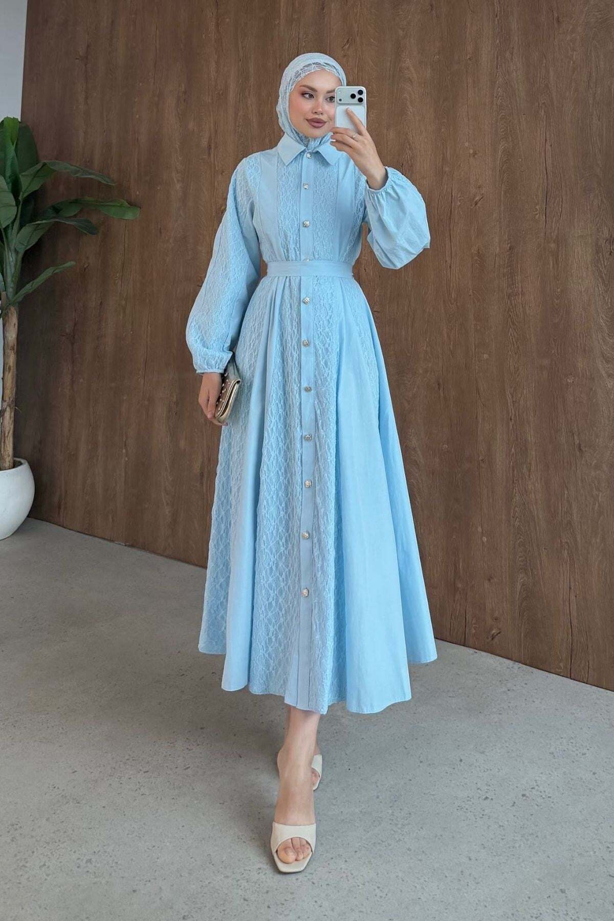 Hazamoda Romantic Lace Detailed Dress Blue