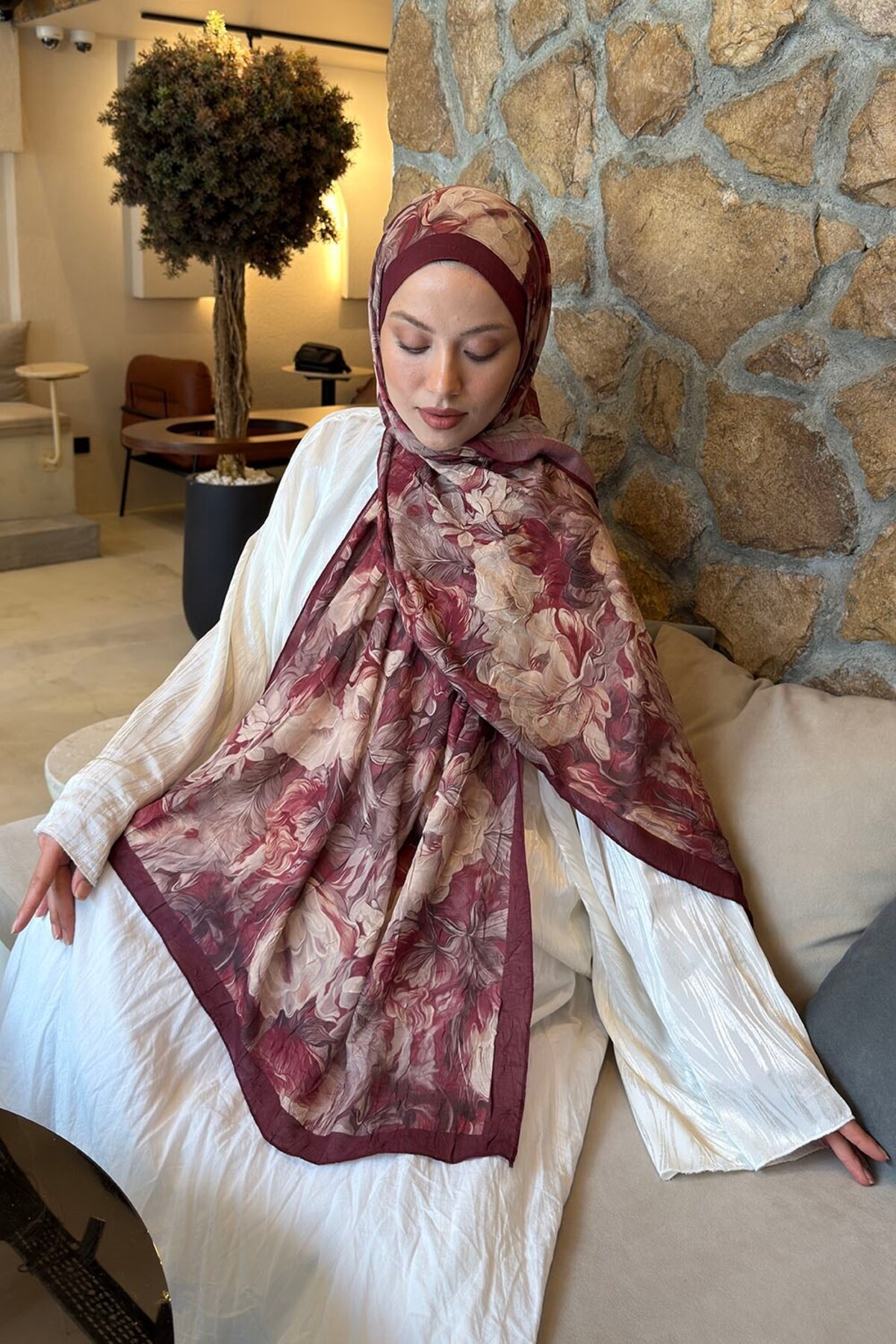 lamelif Vintage Flower Desen Bambu Şal Bordo görsel 3