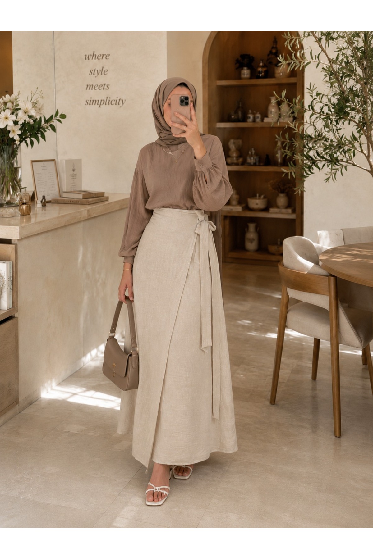 unika boutique Bej Uzun Keten Kadın Etek görsel 2