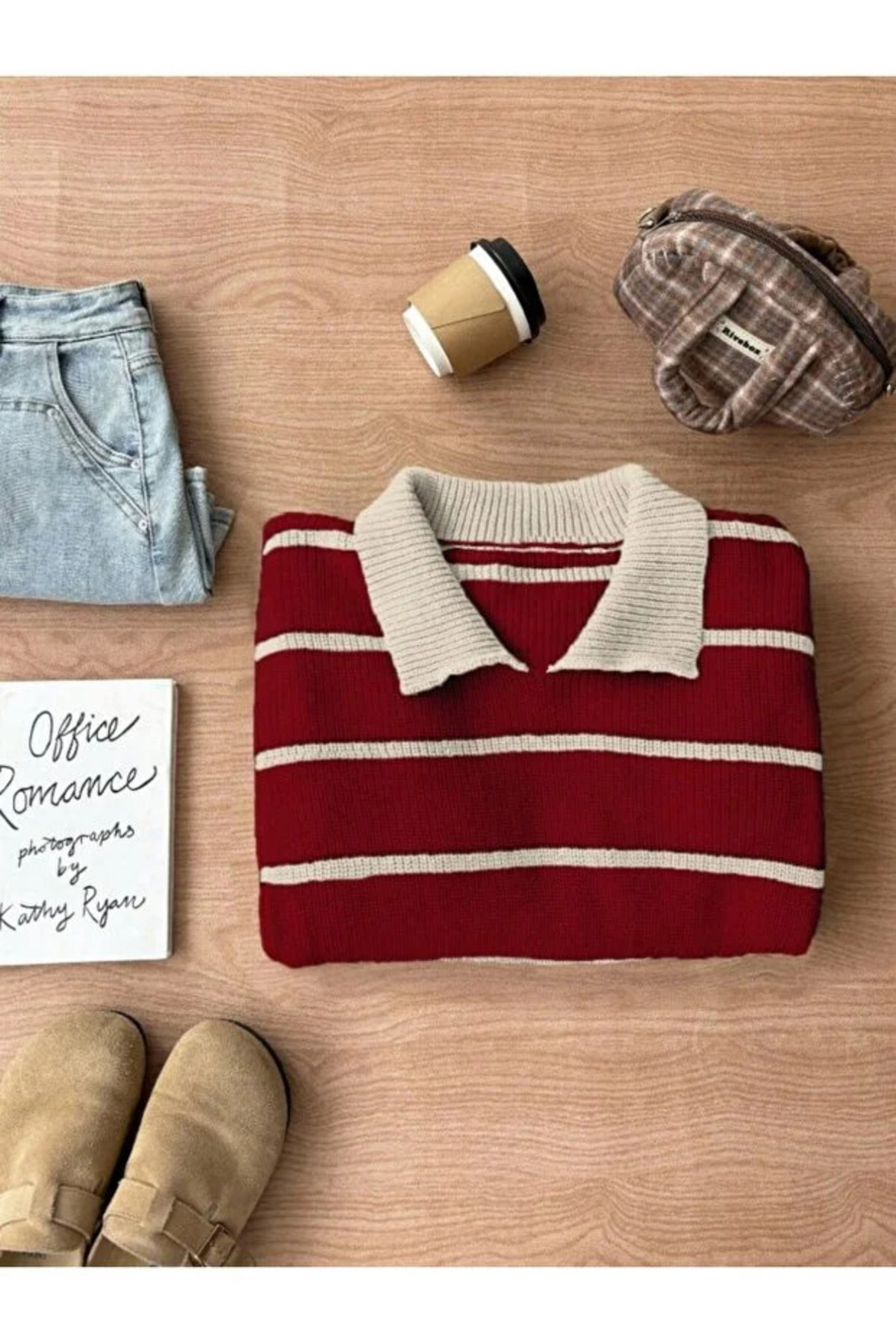 pepule Çizgili Polo Yaka Selanik Örgü Oversize Kadın Triko Kazak görsel 3