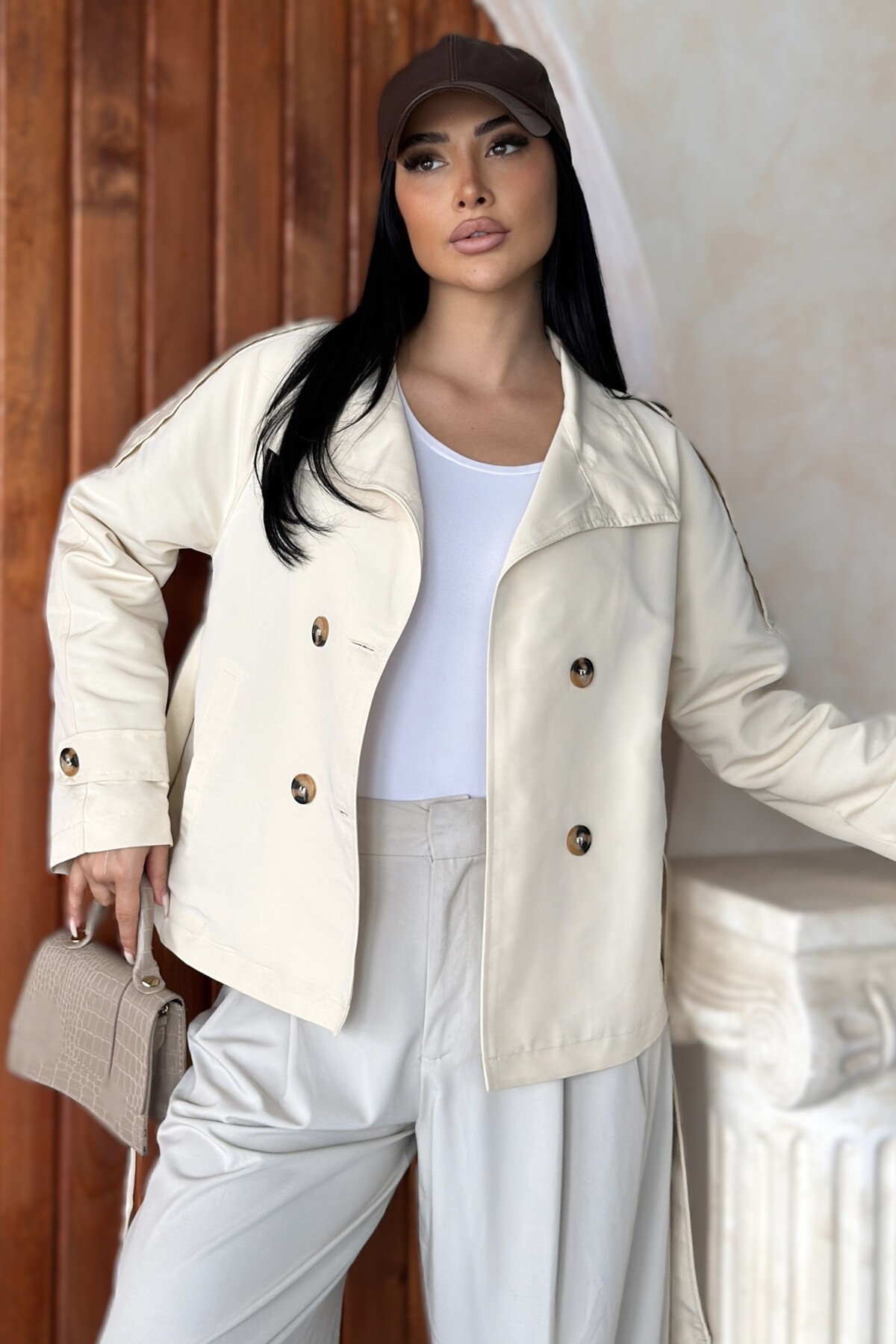 moda armanc Kadın Dik Yaka Trençkot Ceket - Kuşaklı Kruvaze Düğmeli Trenç görsel 3