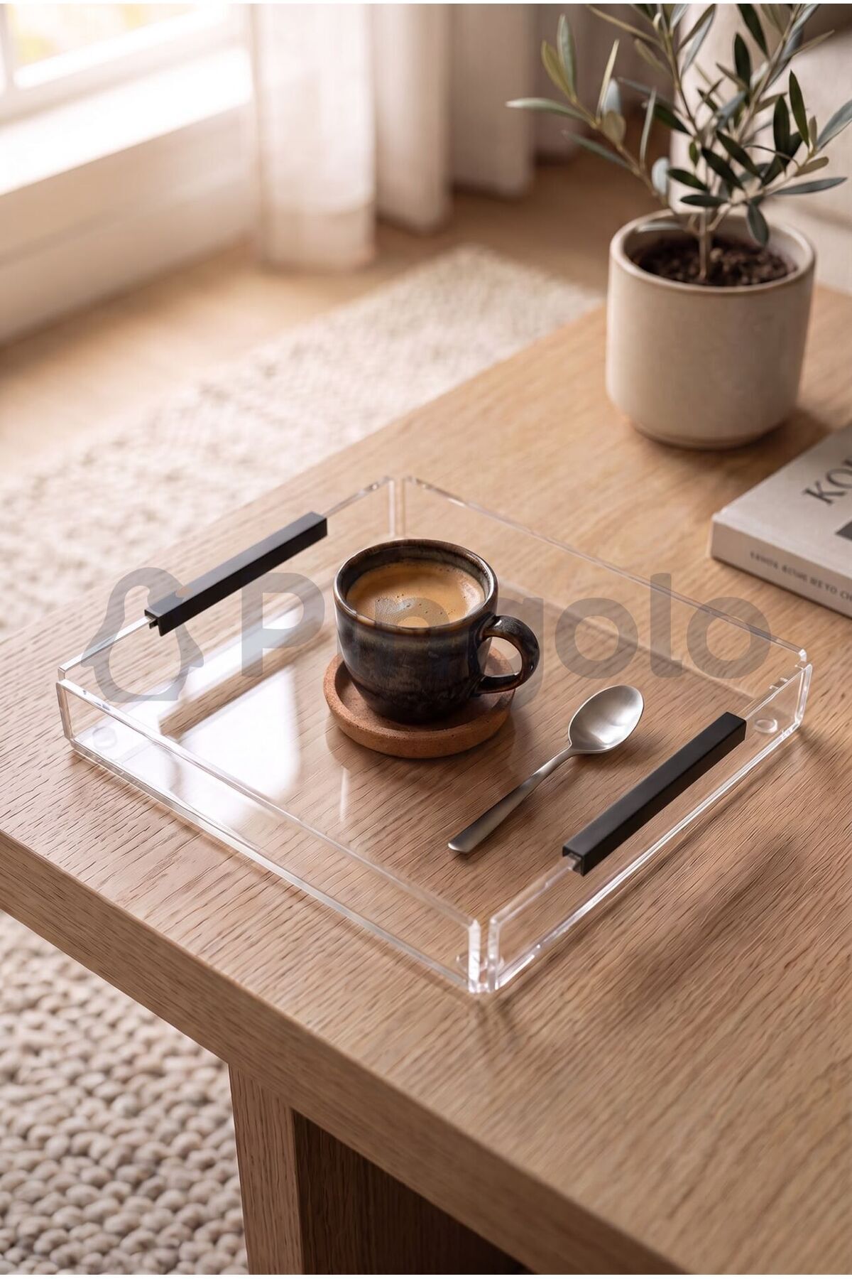 Pingolo Eco Matte Black Transparent Acrylic Presentation Tray with Handle 20X23Cm (1 Piece)
