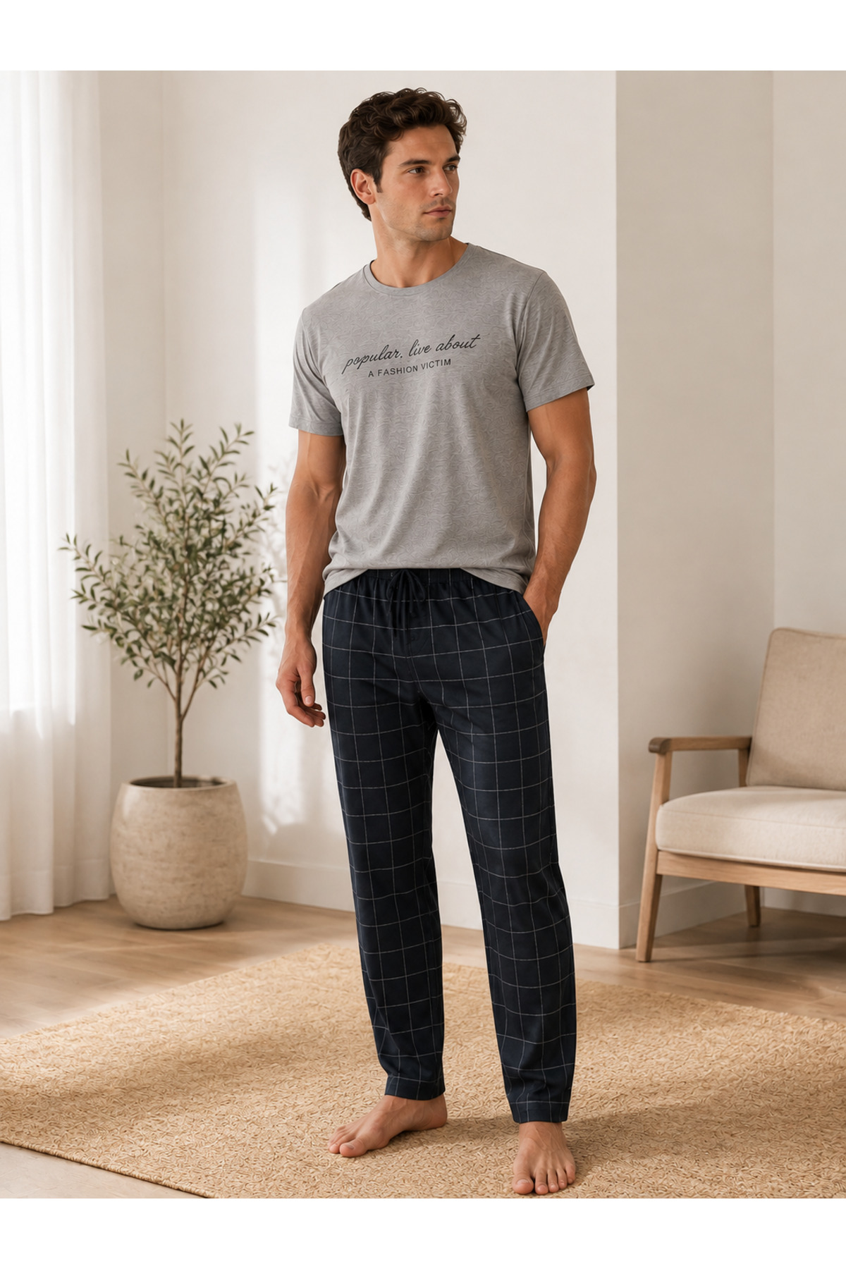 Pijamask Men's Gray Printed Cotton Plaid Pants Pajama Set Short Sleeve Casual Home Wear