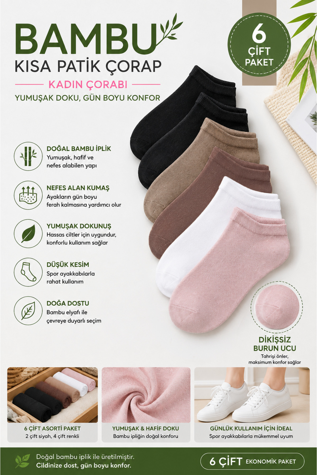 BELİNOPLUS Kadınlar İçin 6 Lı Paket Nefes Alan Terletmez Bambu Karışık Renk Patik Çorap