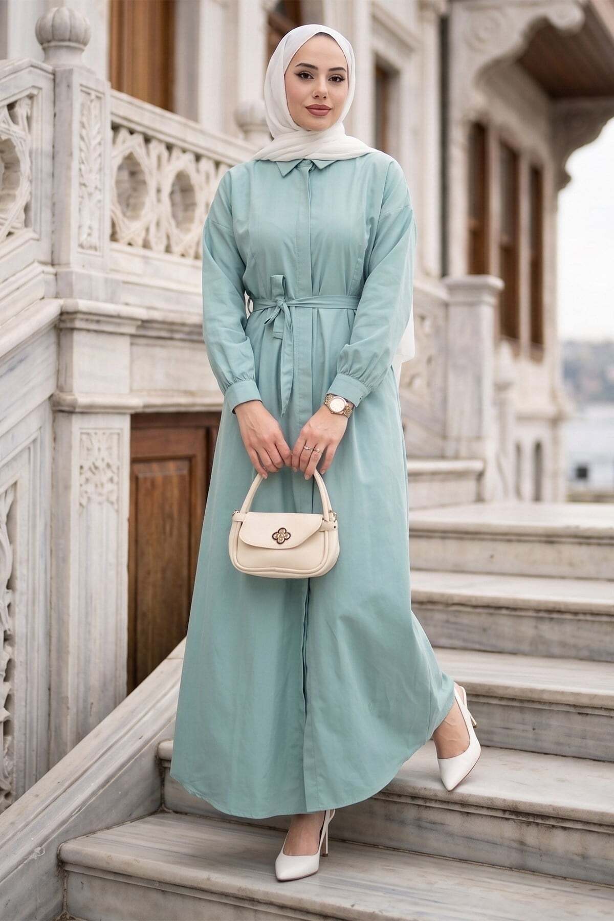 hafsamina Eliz Buttoned Pencil Belted Dress Mint Hm2944