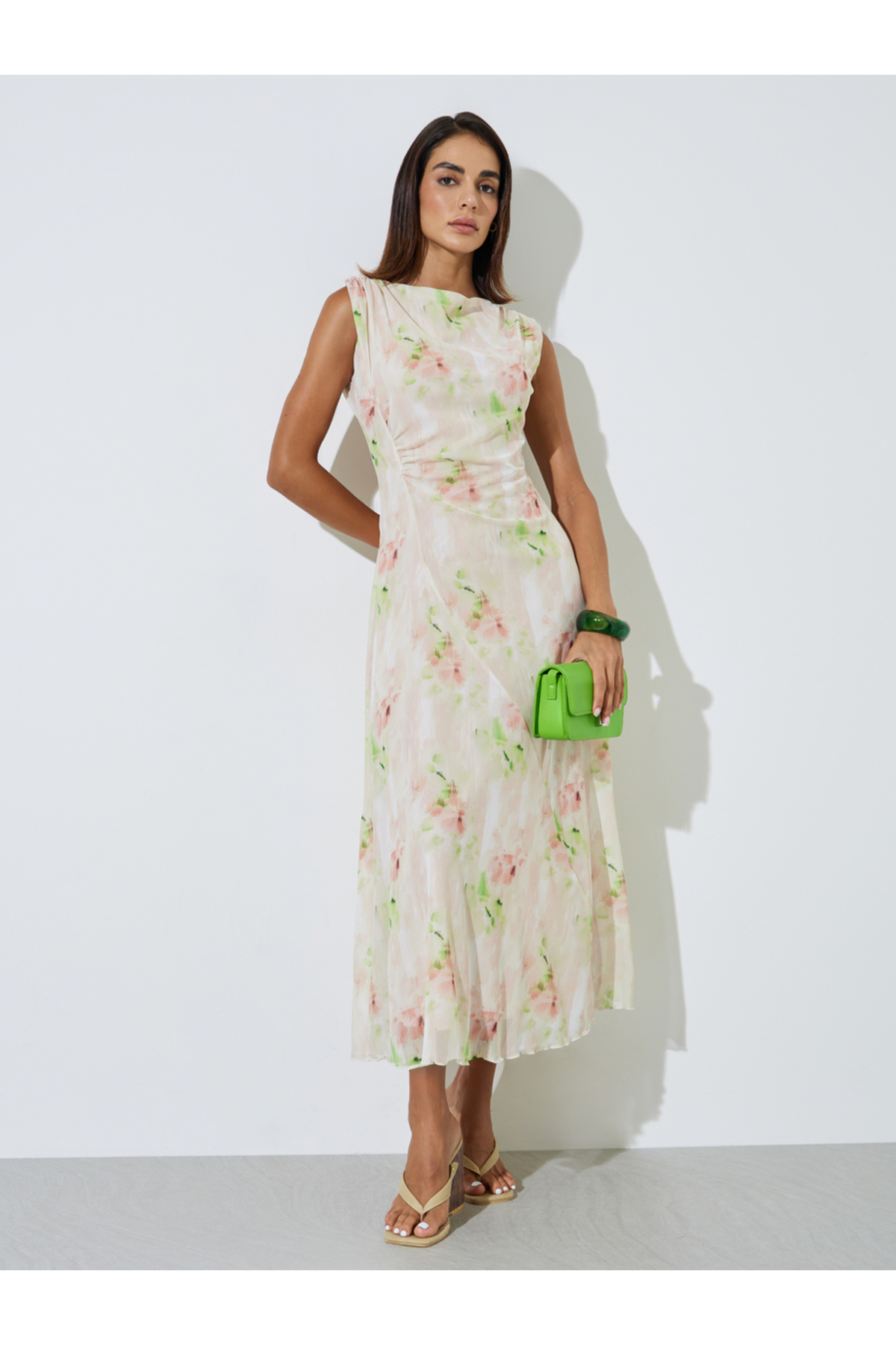 Styli Peach Floral Draped A-Line Maxi Dress