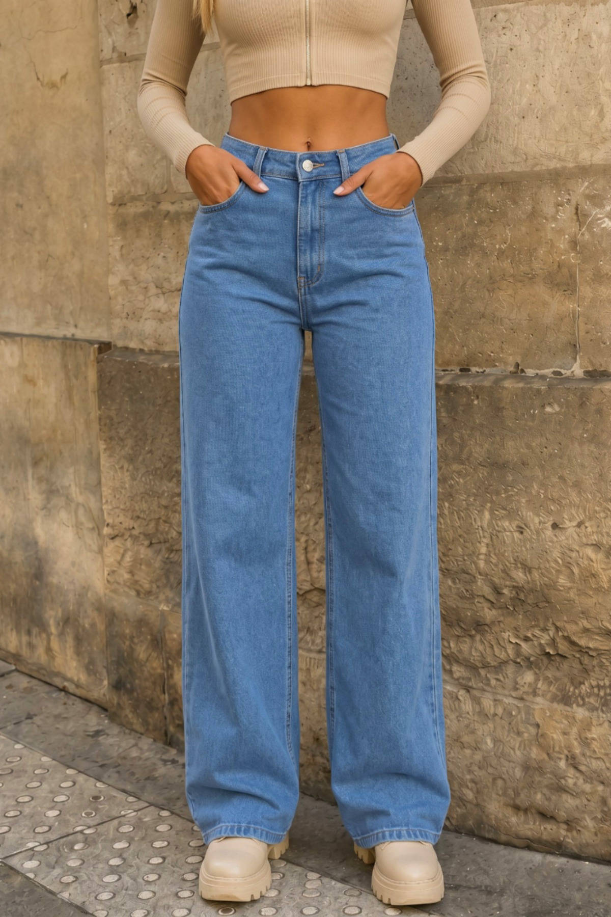 Mavi Yüksek Bel Wide Leg Bol Paça Palazzo Kot Pantolon 3