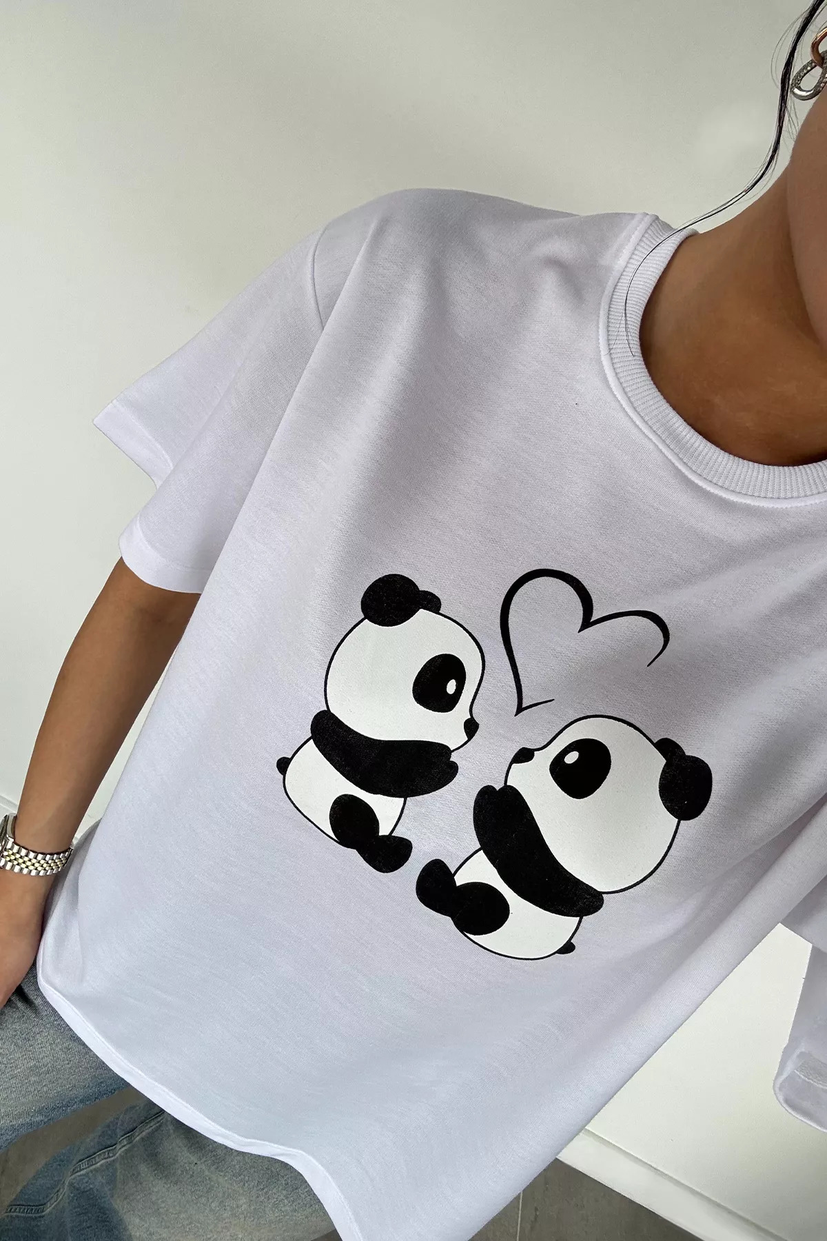 Aryena White Women's Panda Printed T-Shirt