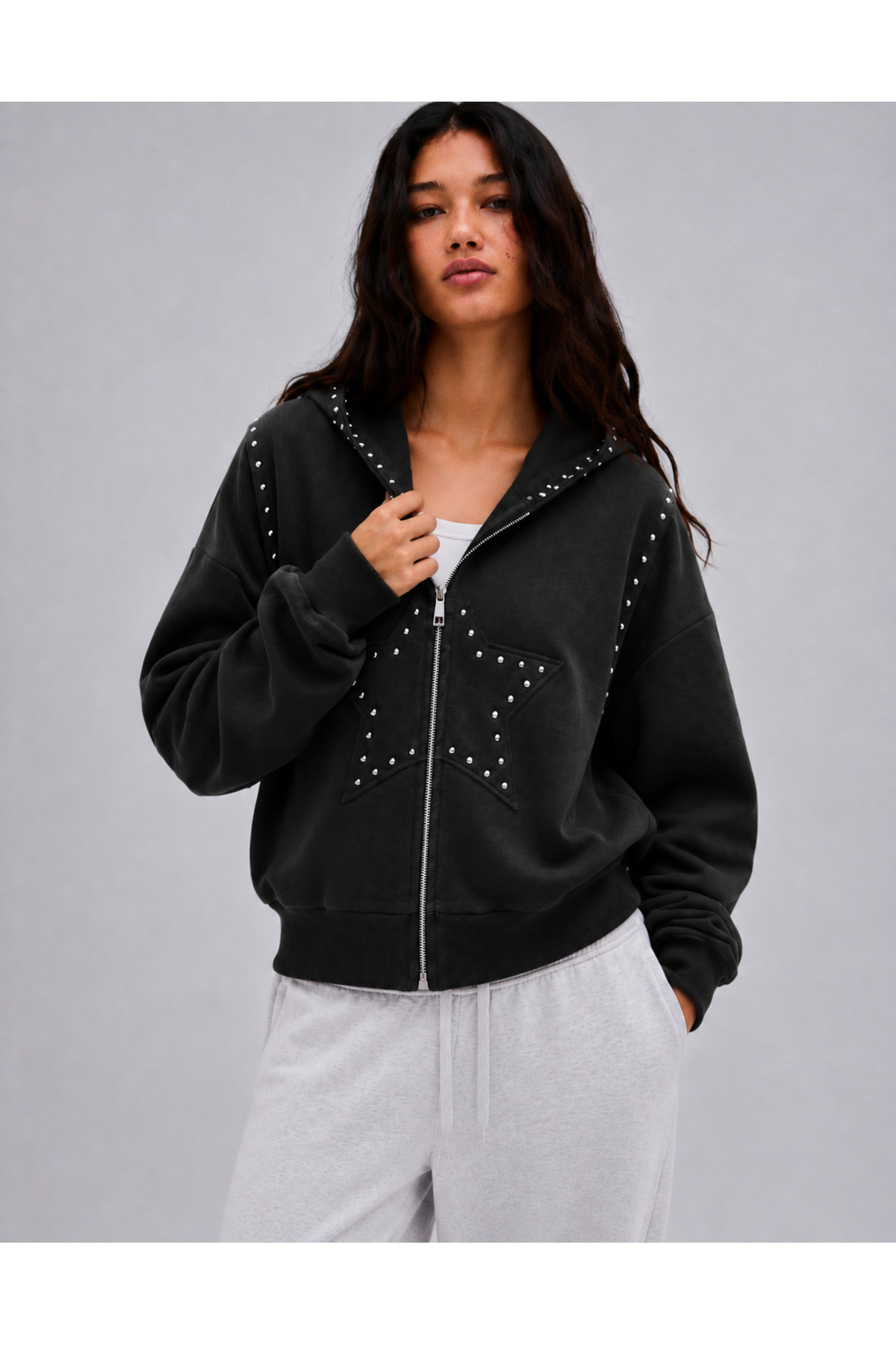 Genel Markalar Kadın Kapüşonlu Fermuarlı Yıldız Detaylı Oversize Hoodie Hırka görsel 2