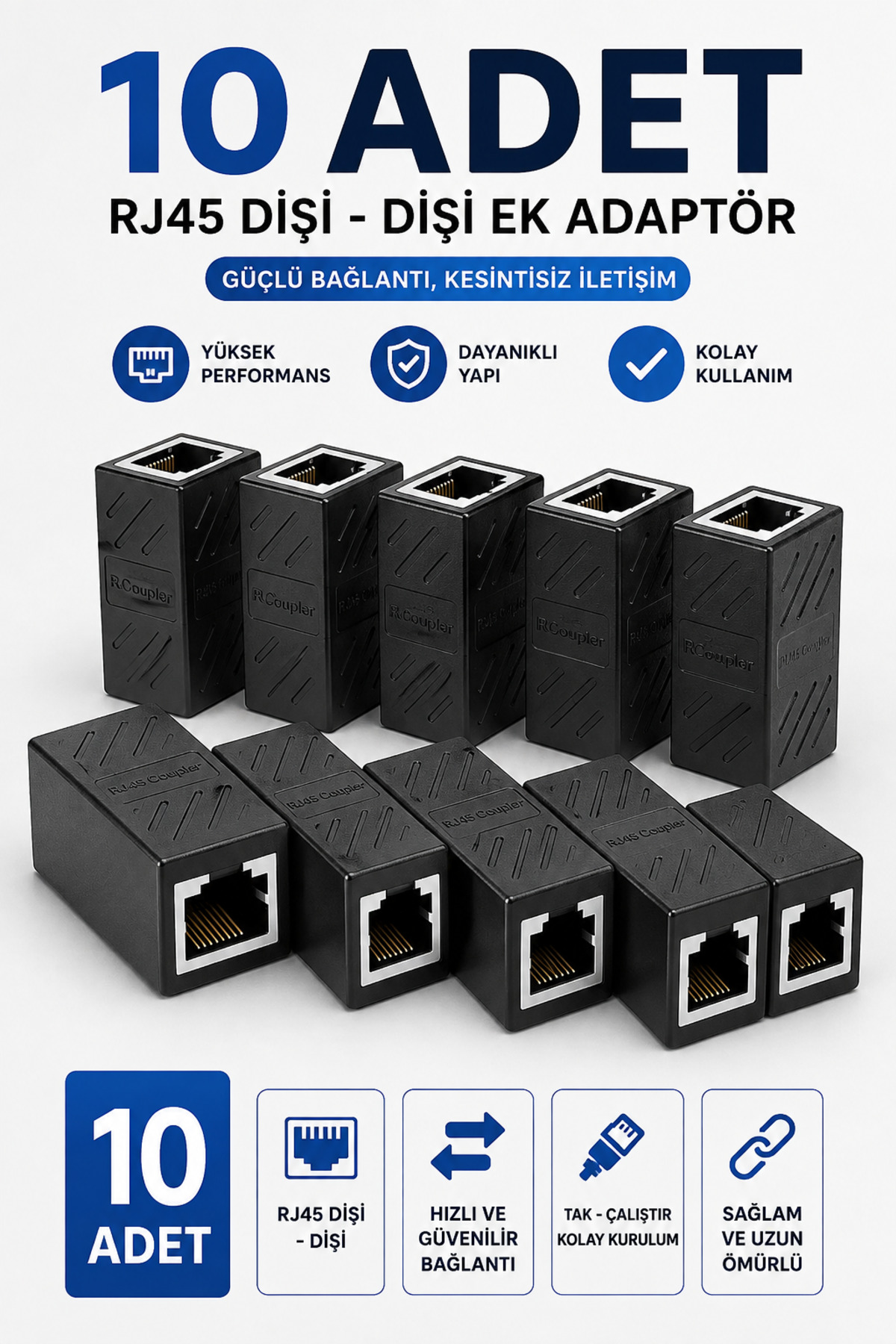 10 Adet RJ45 Dişi Dişi Ek Adaptör Çoğaltıcı Konnektör Cat5 Cat6 Cat7 UTP Keyston İnternet Ethernet Kablo Uzatma Birleştirici Tak Çalıştır Kısa Gelen Modem Lan Kablosu Bağlantı Aparatı Siyah Set