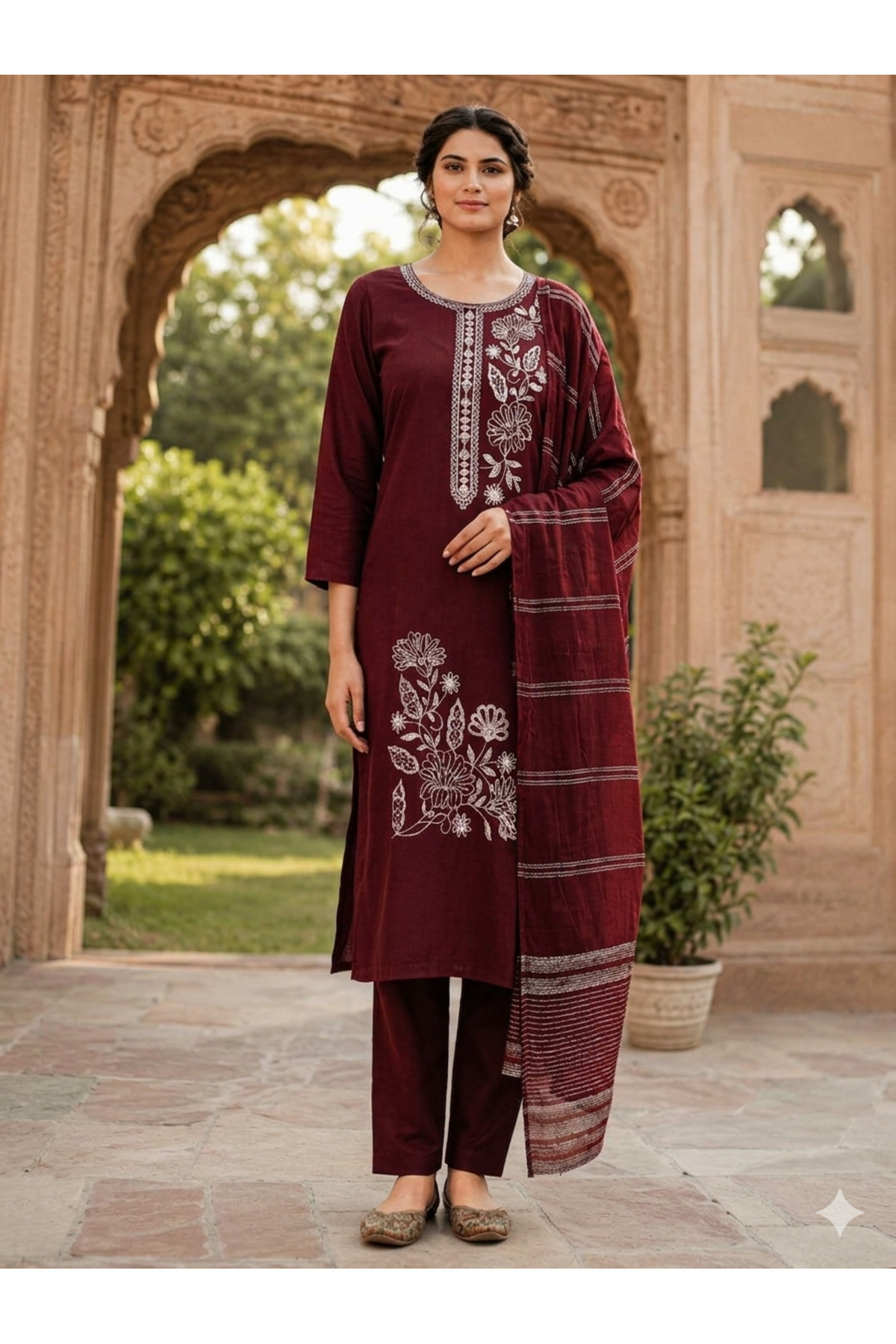 MYSMAR Maroon Ethnic Embroidered Kurta Trouser Set - VVB1007 | Maroon-Size:XL-42-Inches