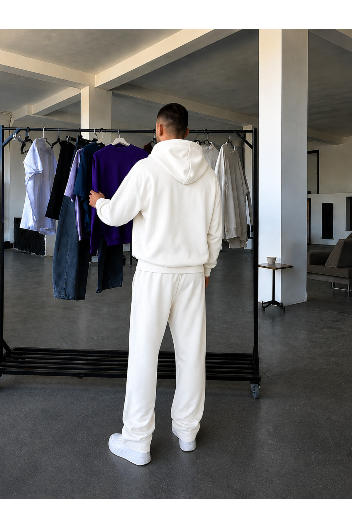 Erkek Fermuarlı Bol Paça Baggy Oversize İkili Eşofman Takımı — سفید BGHRTK2 — تصویر 2 از 3