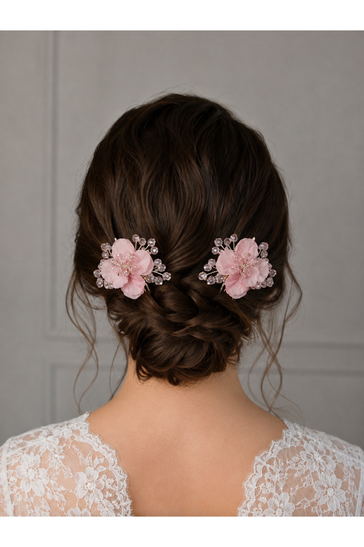 Bella Grace 𝗕𝗲𝗹𝗹𝗮 𝗚𝗿𝗮𝗰𝗲 2li tarak Kristal taş detaylı pudra pembe saç Aksesuar Düğün,Nikah, Nişan, kına görsel 3