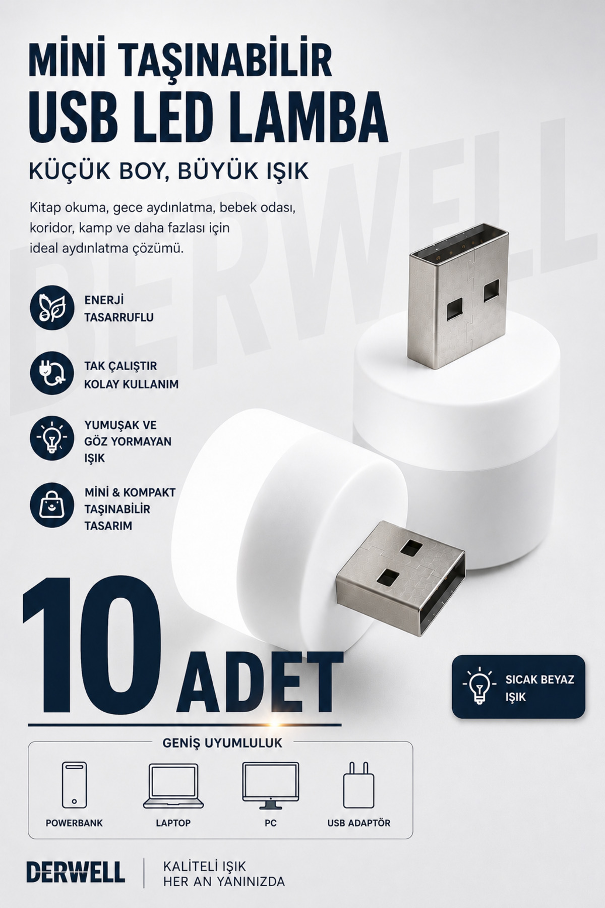 10 ADET - Bebek ve Çocuk Odaları için Mini Taşınabilir USB LED Lamba Powerbank Laptop PC Uyumlu Tak Çalıştır Mikro Gece Aydınlatma Lambası Bebek Odası Koridor Kamp Için Yuvarlak Küçük Kompakt Ampul