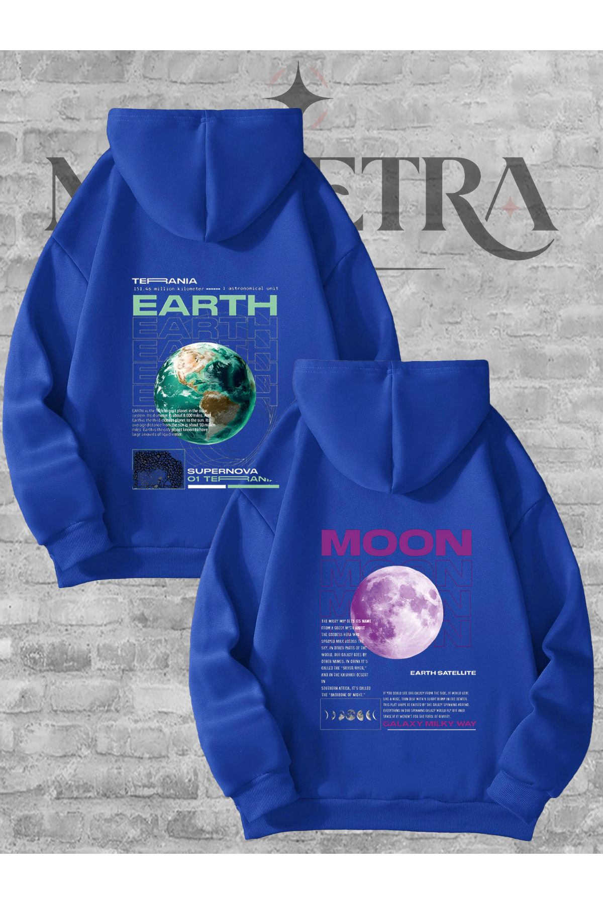Modetra Women Men Unisex World Moon Back Printed Lover Couple Combination Hooded Sweatshirt 2-Piece Set