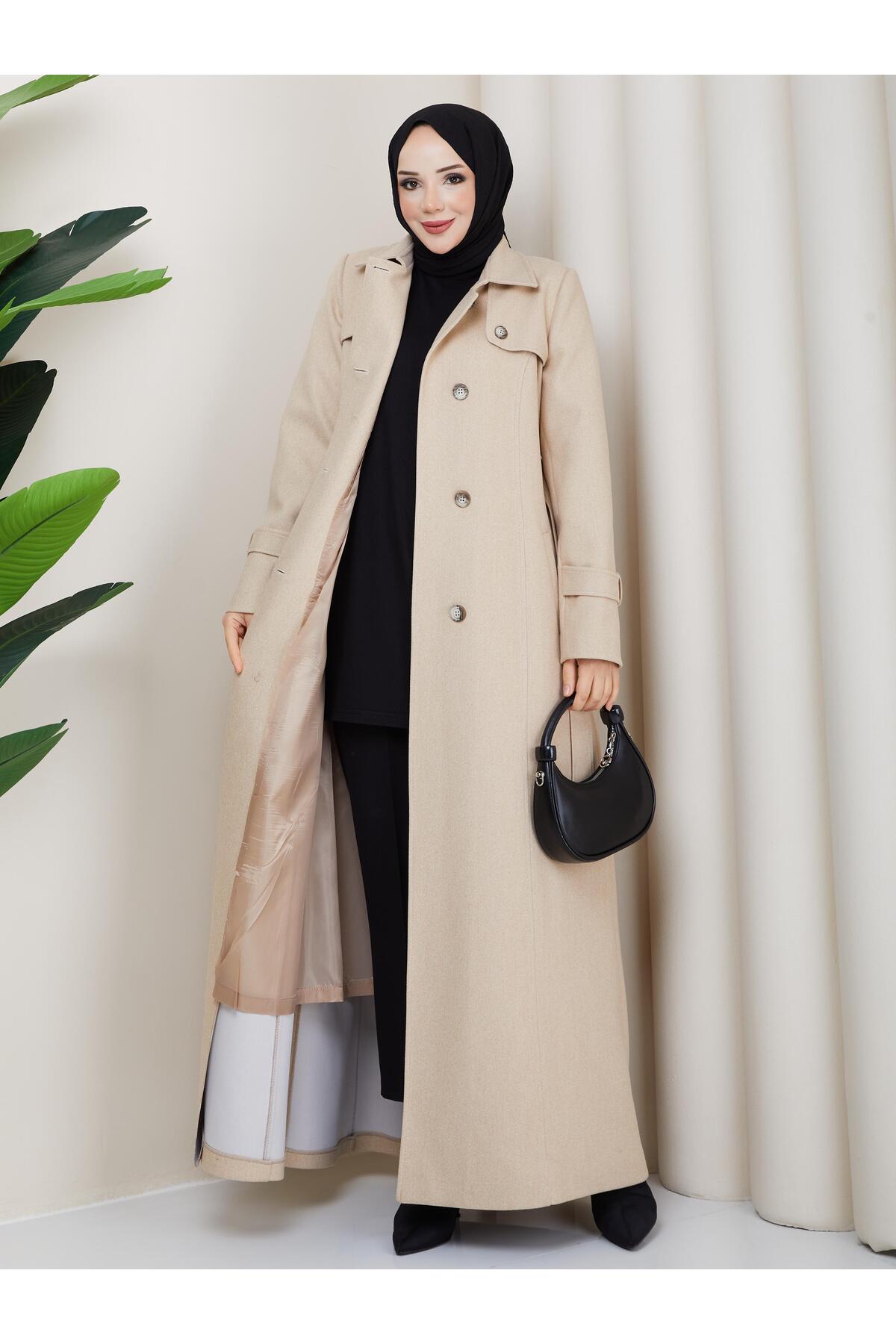 moda asmila Kruvaze Pelerin Detaylı Tam Boy Kaşe Manto görsel 5