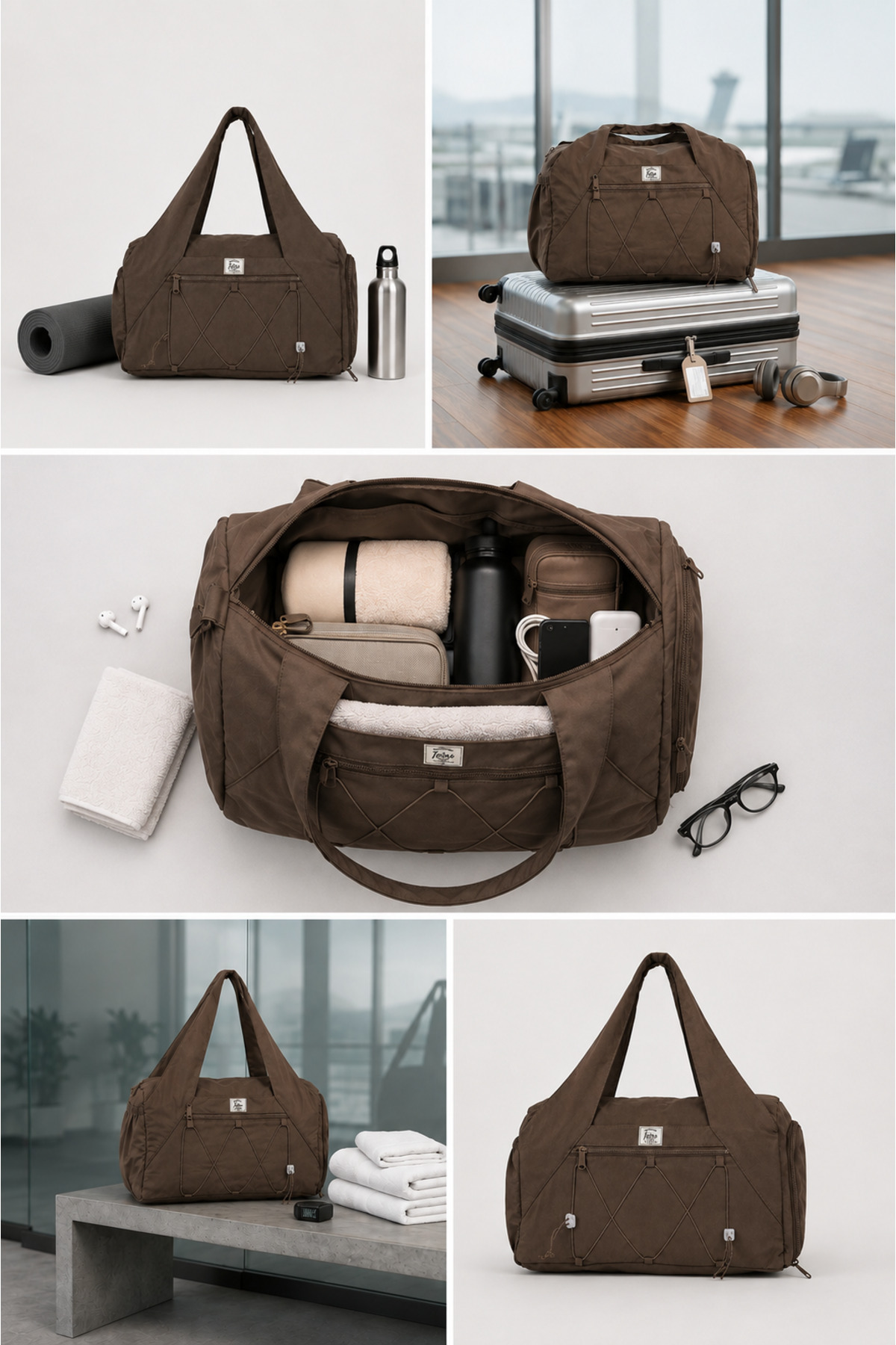 ICONE BAG Unisex Spor ve Yoga Çantası, Çok Cepli, Ayakkabı Bölmeli, Lastik Detaylı, Fermuarlı Ön Cep, Kahverengi Spor Çanta görsel 8