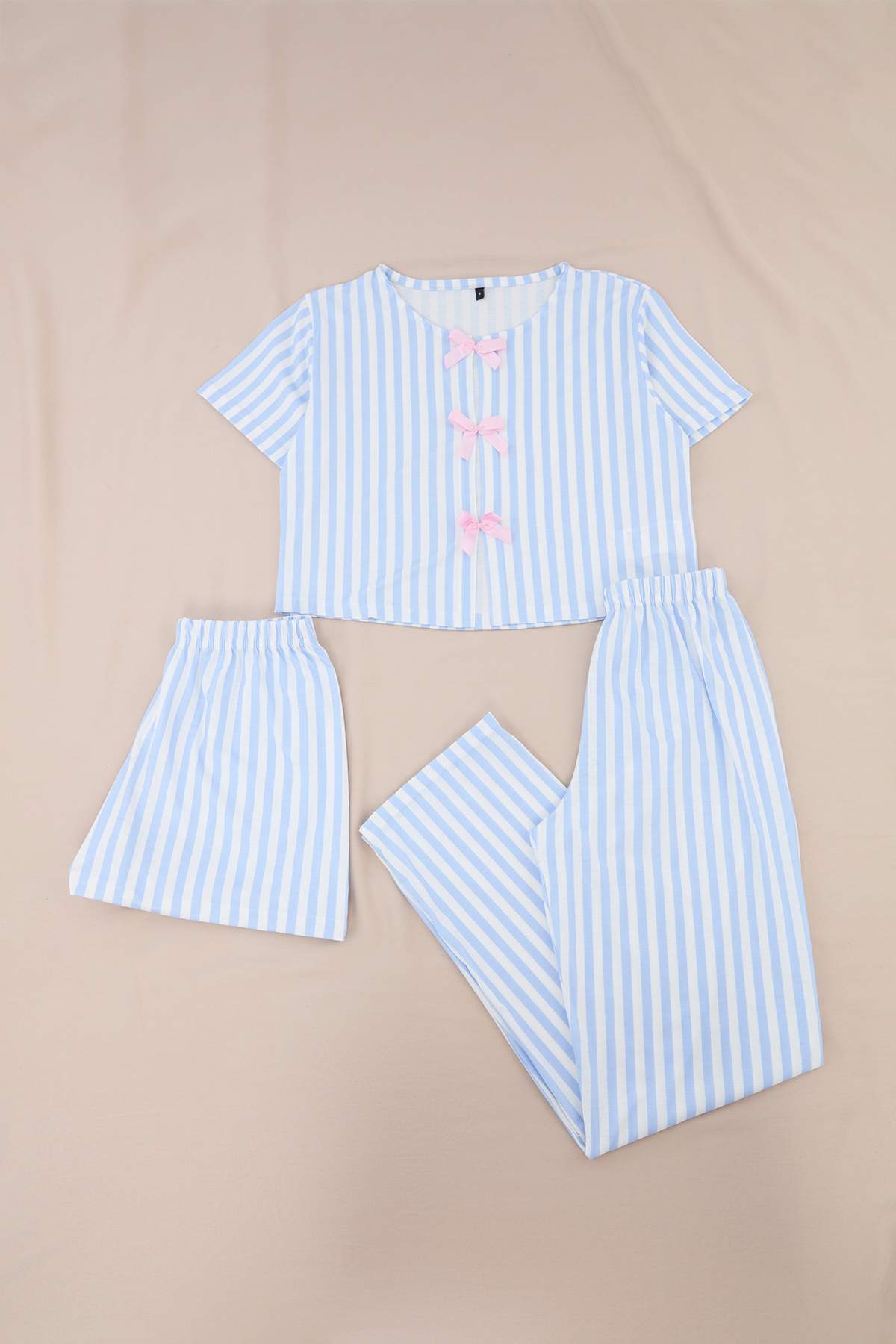 Trendyolmilla Açık Mavi 3'lü Çizgili Kurdele Detaylı Örme Pijama Takımı THMSS26PT00068