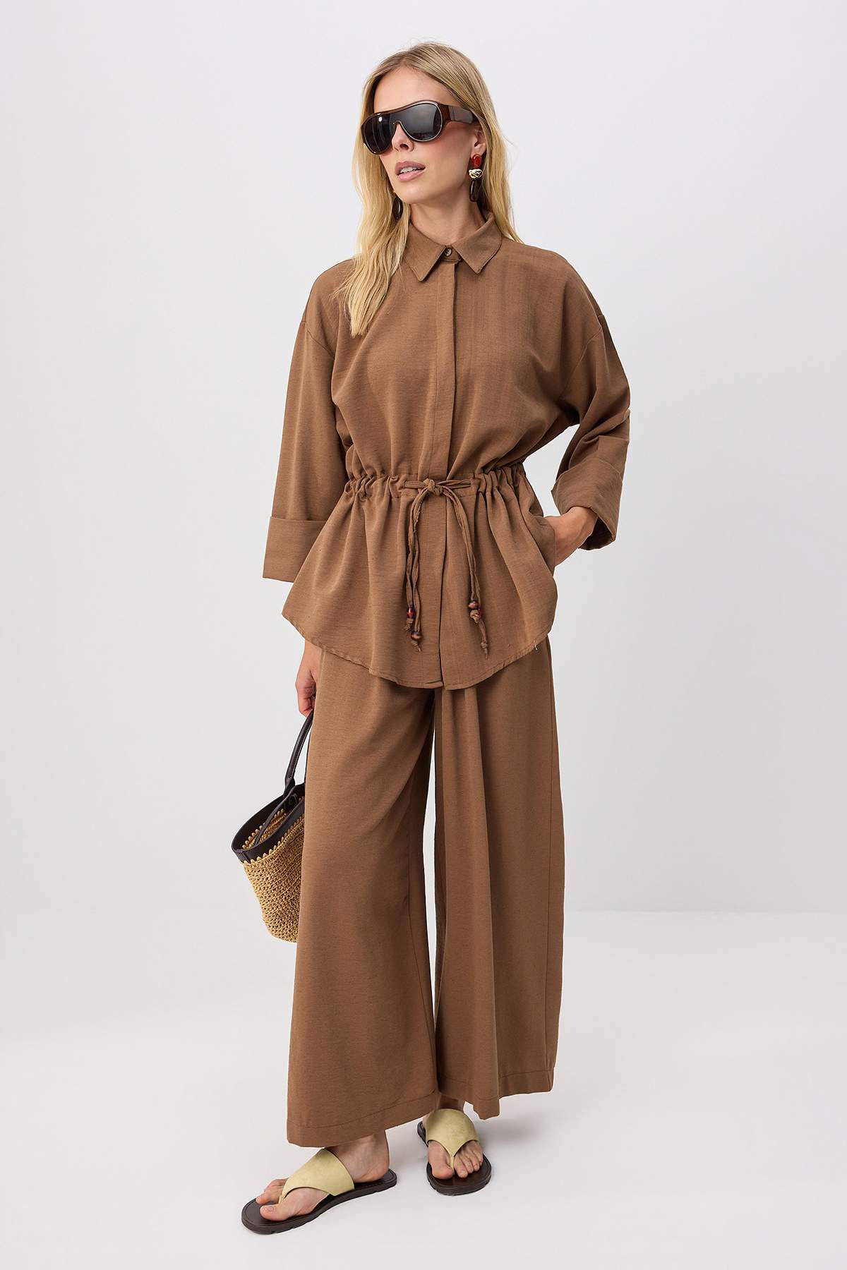 Trendyol Modest Brown Linen Look Blouse Wide Leg Pants Bottom Top Set Tctss26Us00076