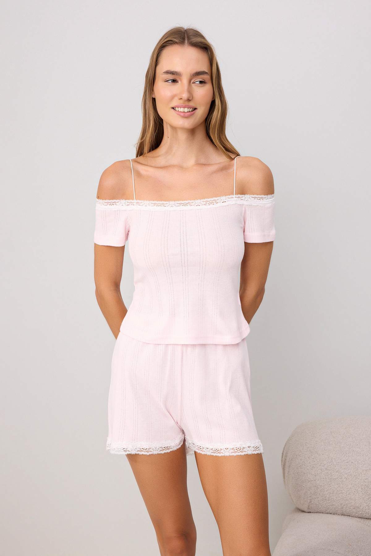 Trendyolmilla Pembe %100 Pamuklu Dantel Detaylı Fitilli/Pointel Örme Pijama Takımı THMSS26PT00255
