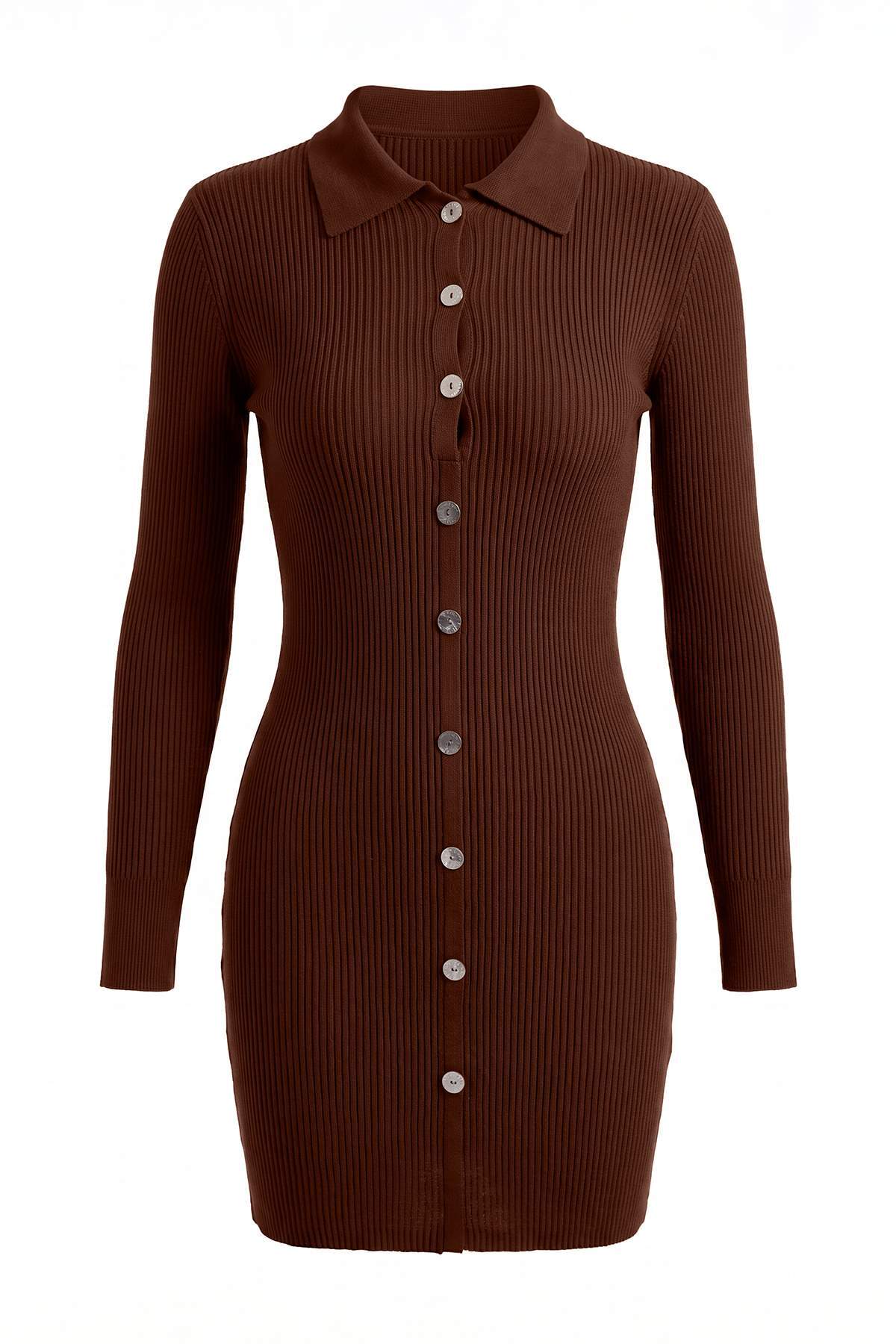 Trendyolmilla Kahverengi Düz Kısa / Mini Polo Yaka Fitted/Vücudu Saran A-line Triko Elbise TWOAW26EL00154