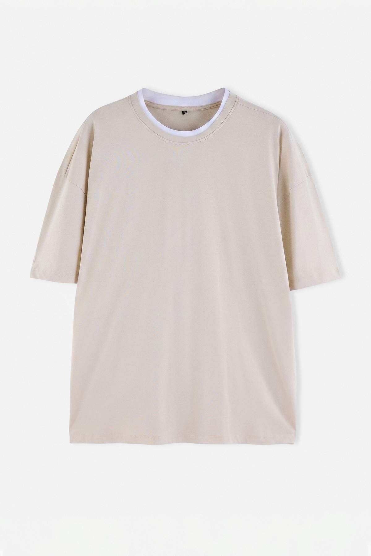 Trendyolmilla Man Büyük Beden Taş Regular Düşük Omuz %100 Pamuk Yaka Detaylı T-Shirt TMNAW27BF00002