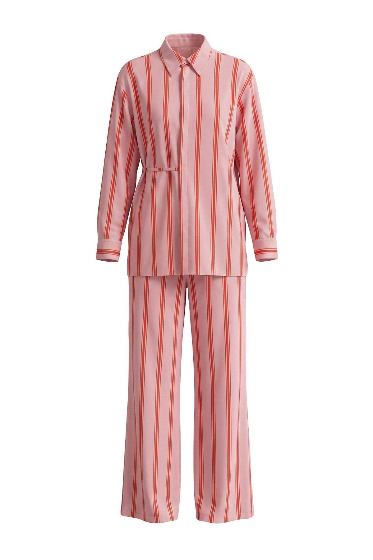Trendyolmilla Modest Pembe Oversize Poplin Çizgili Dokuma Alt&Üst Tesettür Alt - Üst Takım TCTSS26US00083