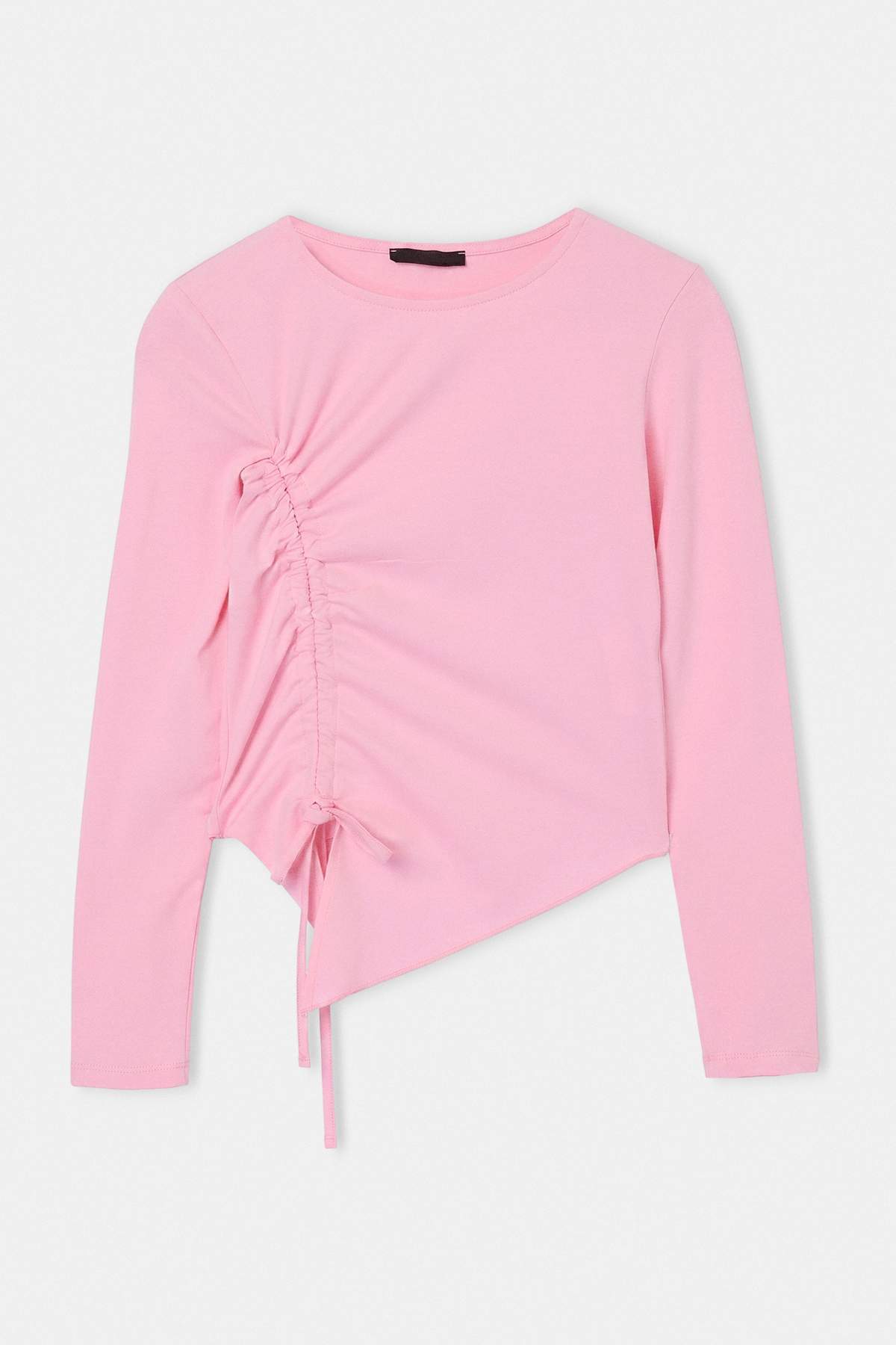 Trendyolmilla Açık Pembe Düz Fitted Bisiklet Yaka Büzgülü Crop Viskon Ribana Örme Bluz TWOAW27BZ00177