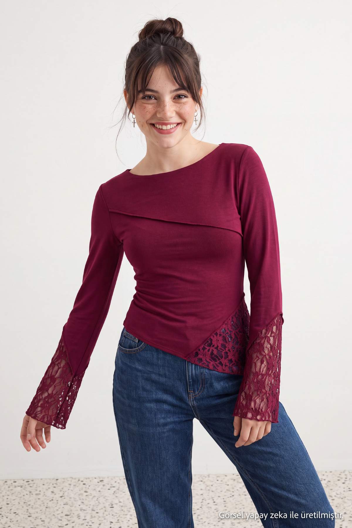 Trendyolmilla Bordo Düz Fitted Kayık Yaka İspanyol Kol Dantel Detaylı Yumuşak Esnek Örme Bluz TWOAW27BZ00115