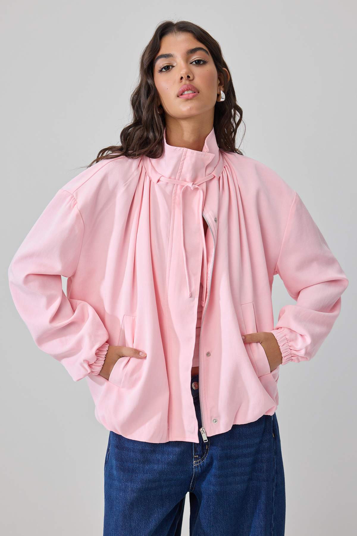 Trendyolmilla Pembe Oversize Dik Yakalı Keten Görünümlü Bomber Mont TWOSS26MO00026