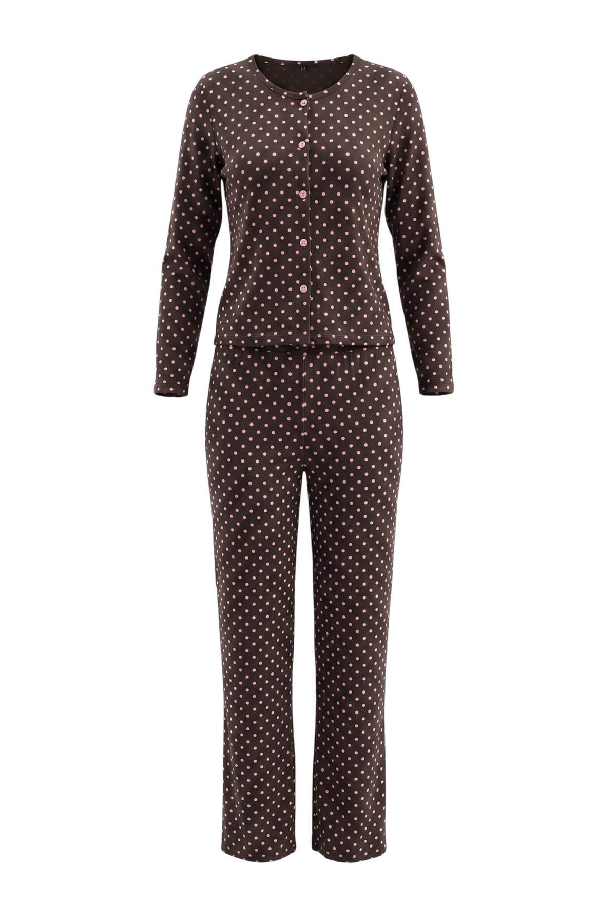 Trendyolmilla Kahverengi 3'lü %100 Pamuklu Dantel Detaylı Örme Pijama Takımı THMAW27PT00026