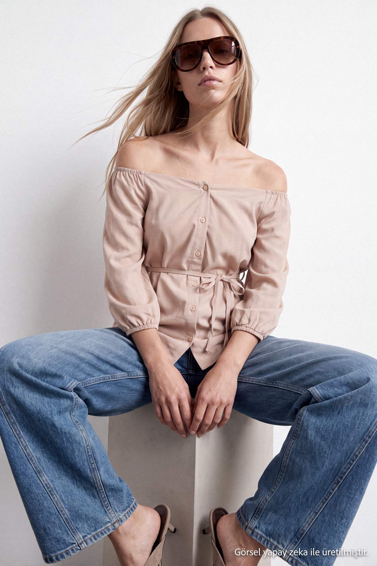 Trendyolmilla Bej Düşük Omuz İnce Kuşaklı Dokuma Bluz TWOSS26BZ01083