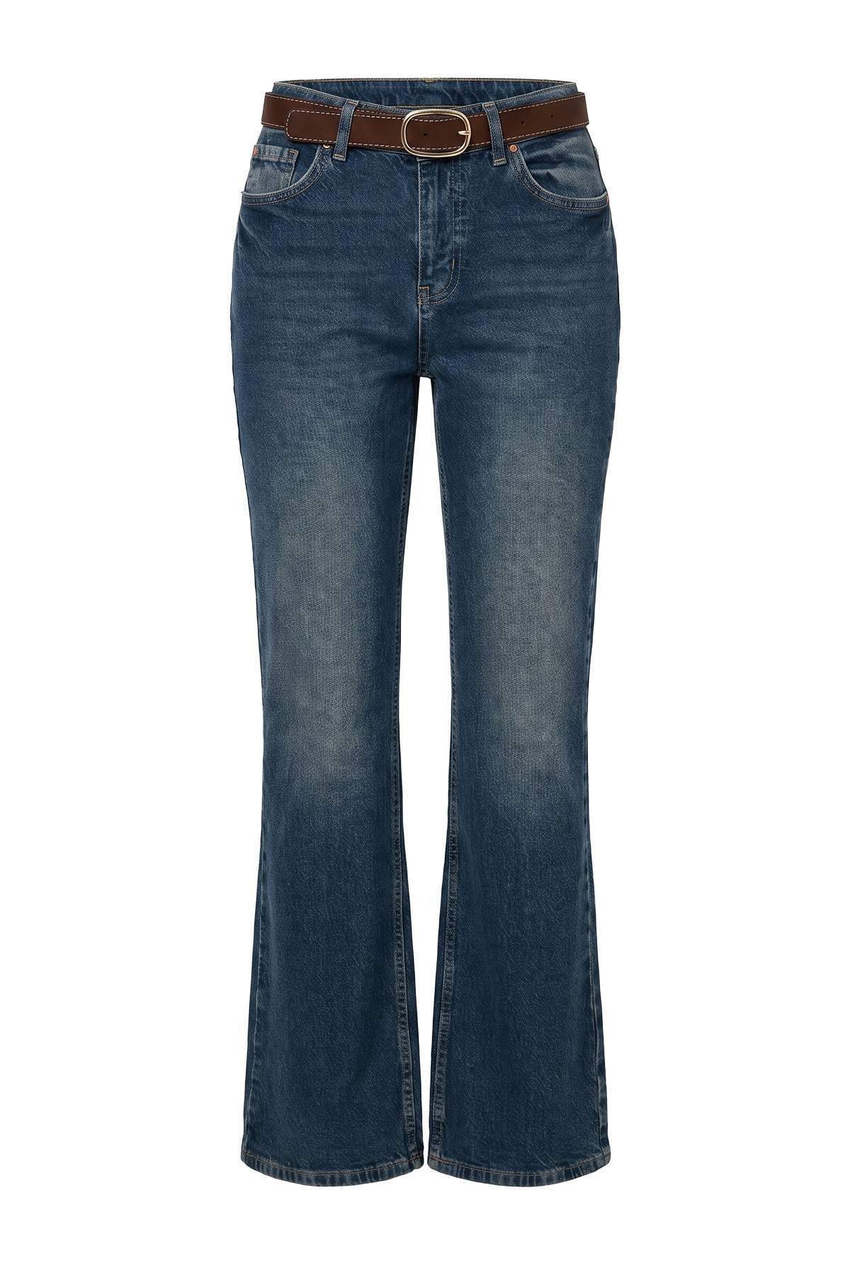Koyu Mavi Kahverengi Kemerli Az Esnek Normal Bel Bootcut Jeans TWOAW27JE00141