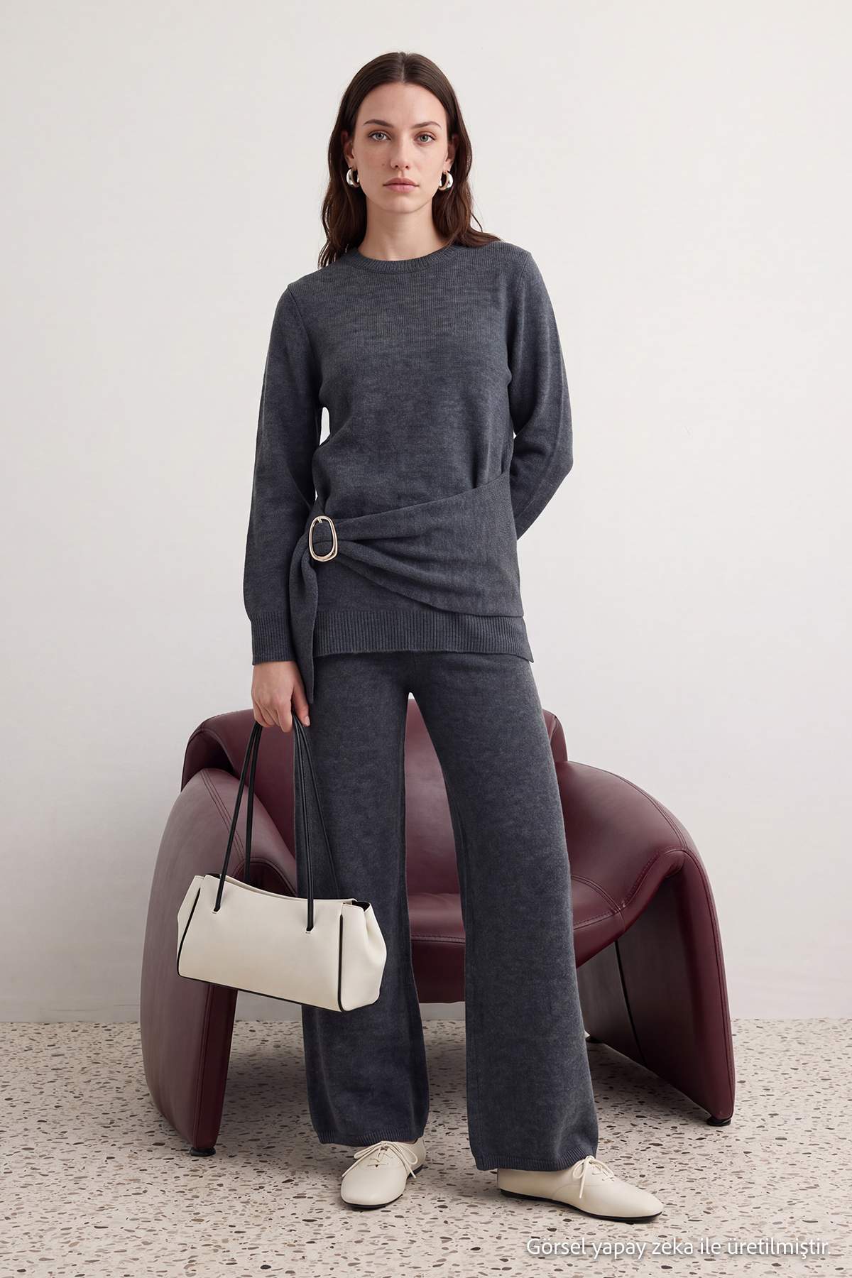 Trendyolmilla Modest Antrasit Yumuşak Dokulu Oversize Düz Triko Tesettür Alt - Üst Takım TCTAW27US00010