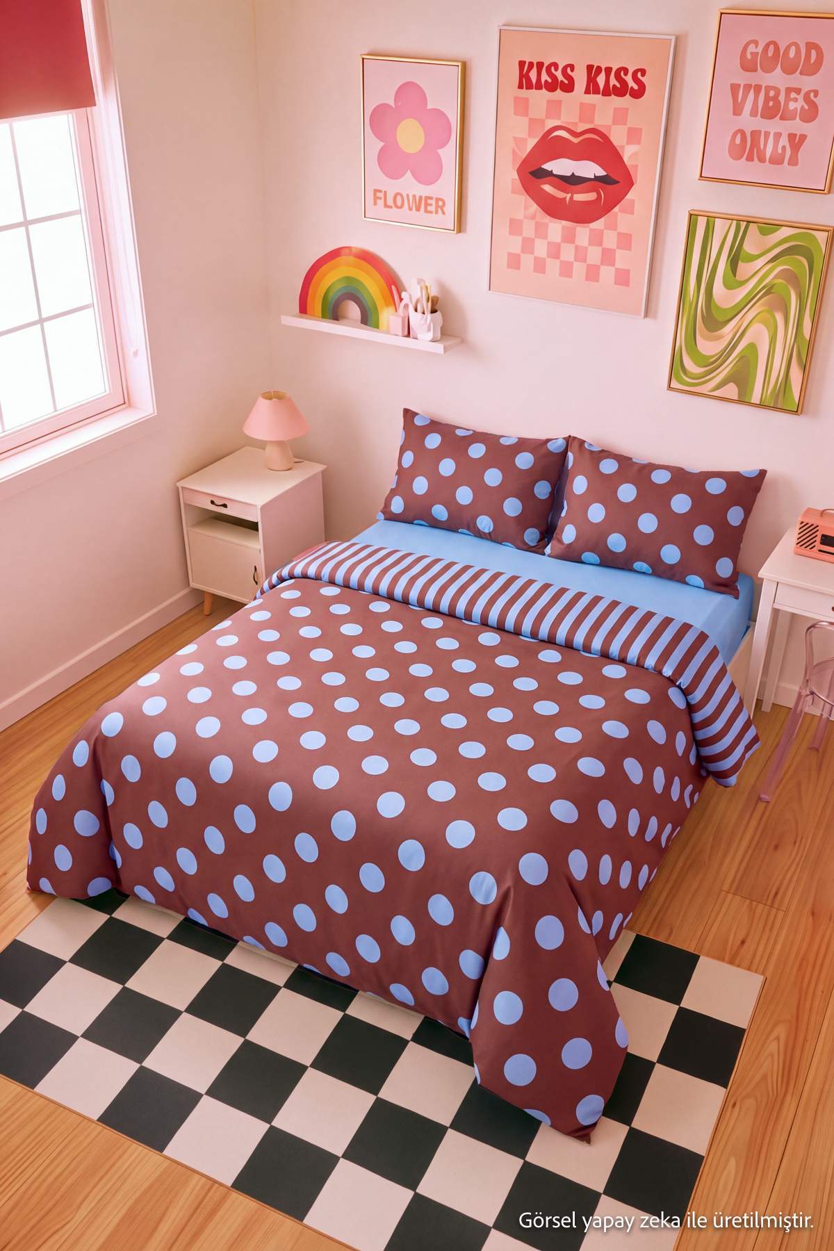 Trendyol Home Double Brown-Blue Polka Dot and Striped Reversible Elasticized Fitted Sheet Bedding Set Tphaw27Ckn00005