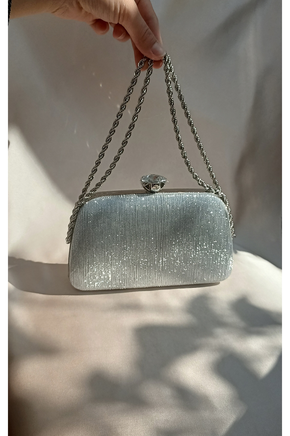 Gül Karatekin Kadın Gümüş Simli Burgu Zincirli Portföy Özel Gün Düğün Nişan Clutch Abiye Çanta