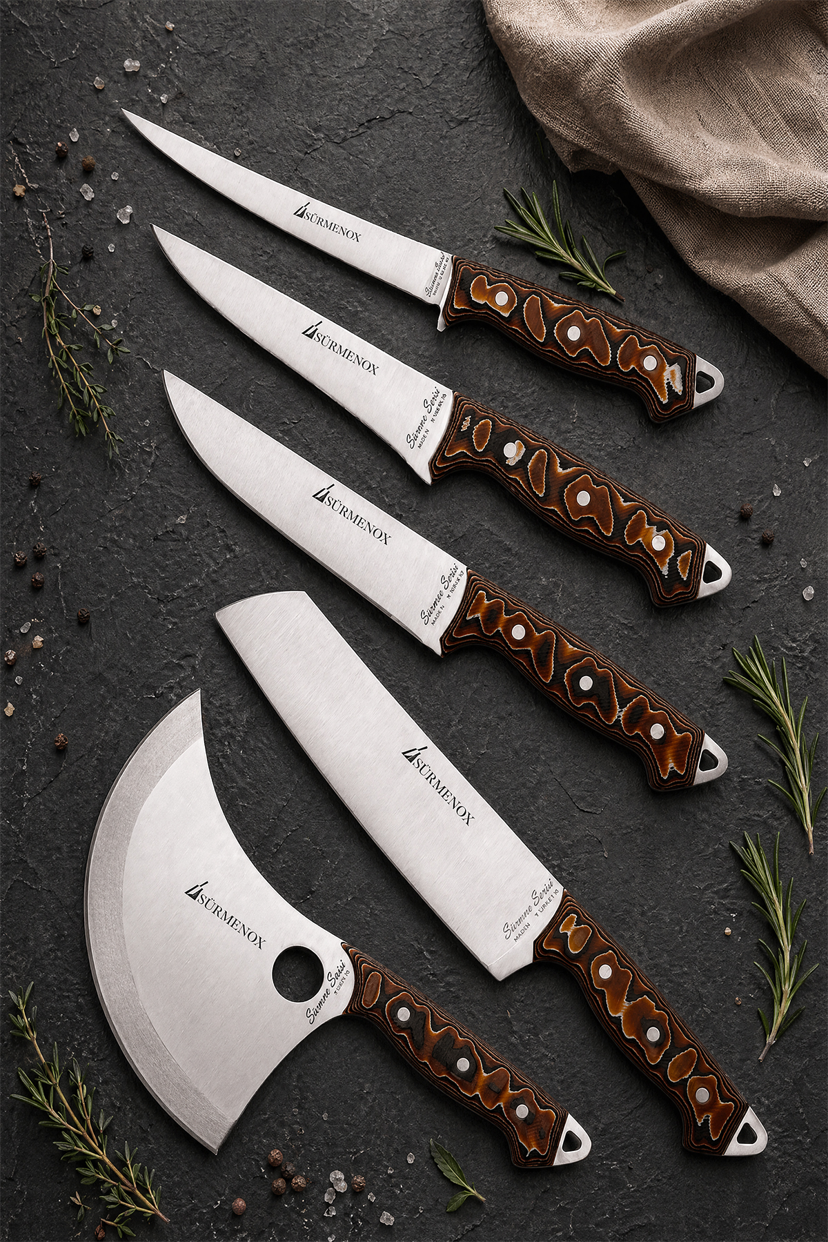 Sürmene Series 5-Piece Kitchen Knife Set Coffee Verzalit Handle Meat Bread Vegetable Dumpling Fillet Chef Knife (Mft-026)