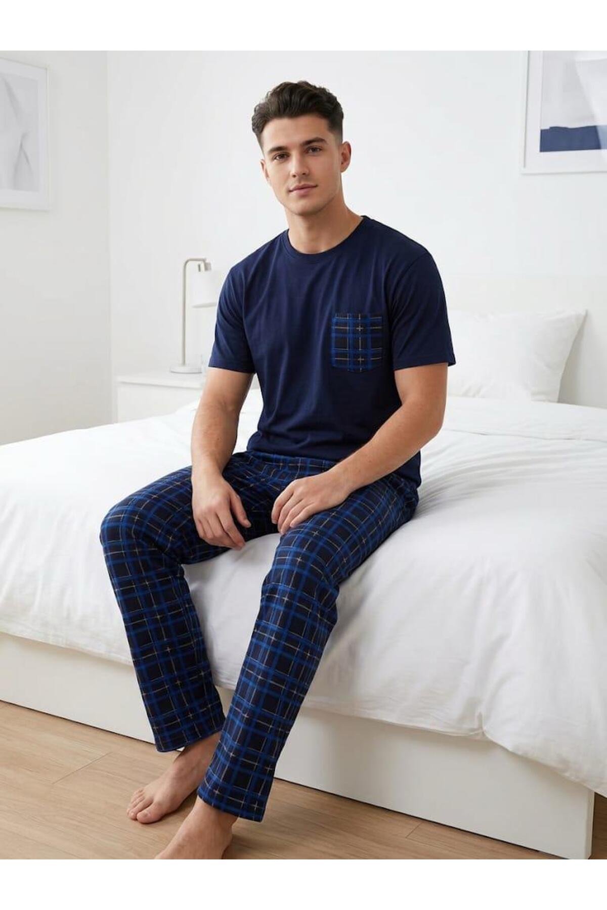 Sude HOMEWEAR Erkek Ekoseli Cepli Kısa Kollu Pijama Takımı görsel 3
