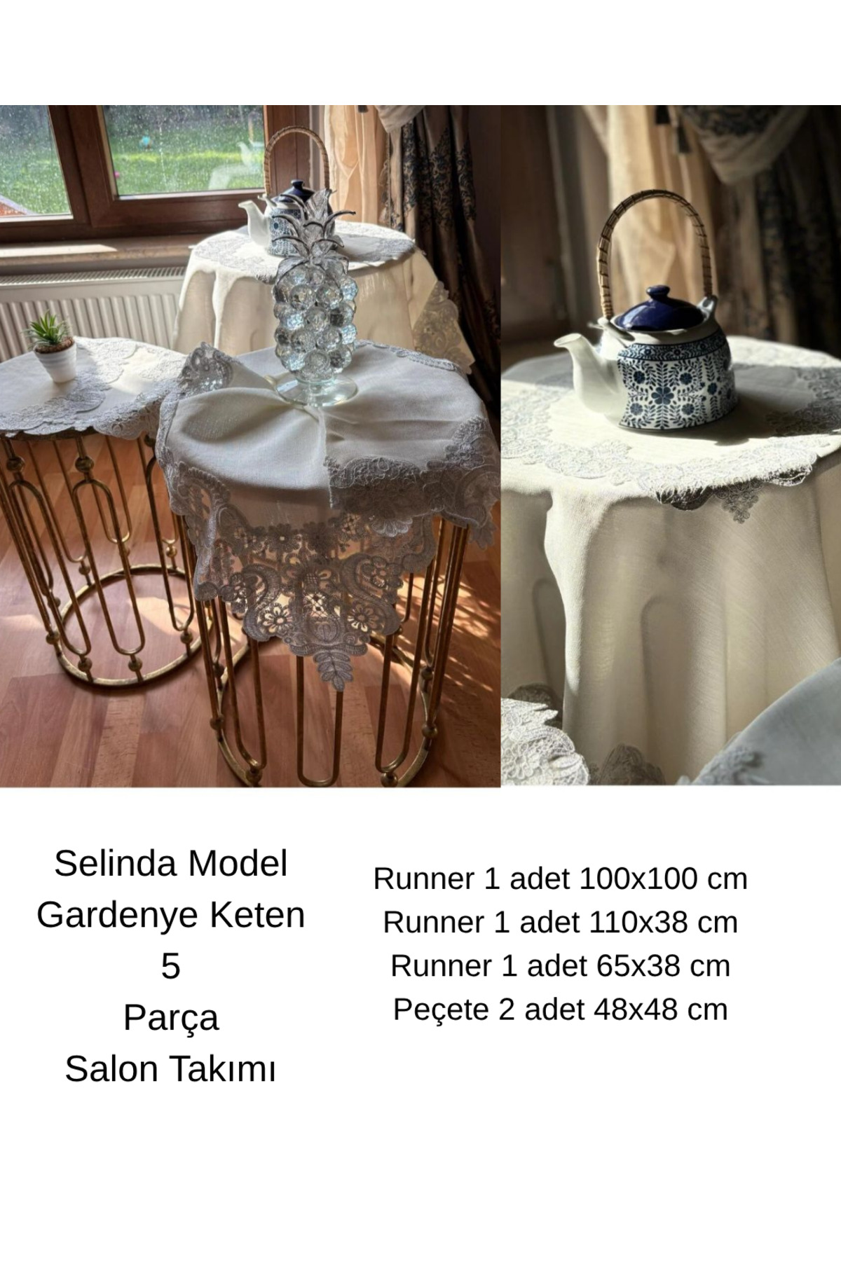 Salon Set 5-Piece Linen French Lace Carefree Runner-Ranir Set Dowry Salon Set Selinda