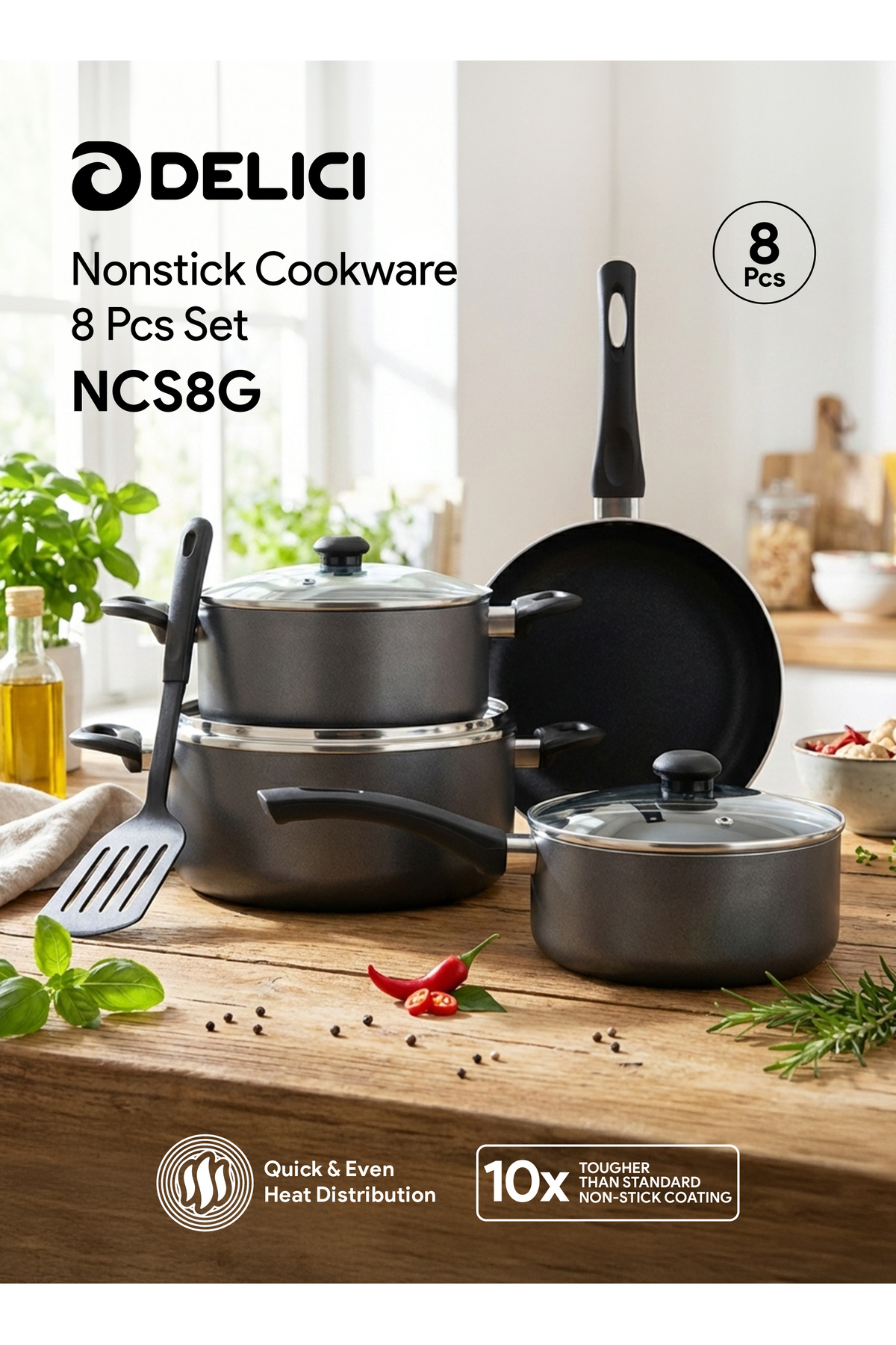 DELICI 8-pcs Nonstick Cookware Set, 10x Tougher, Pfoa-free Glass Lids, Multi-cooktop Dishwasher Safe