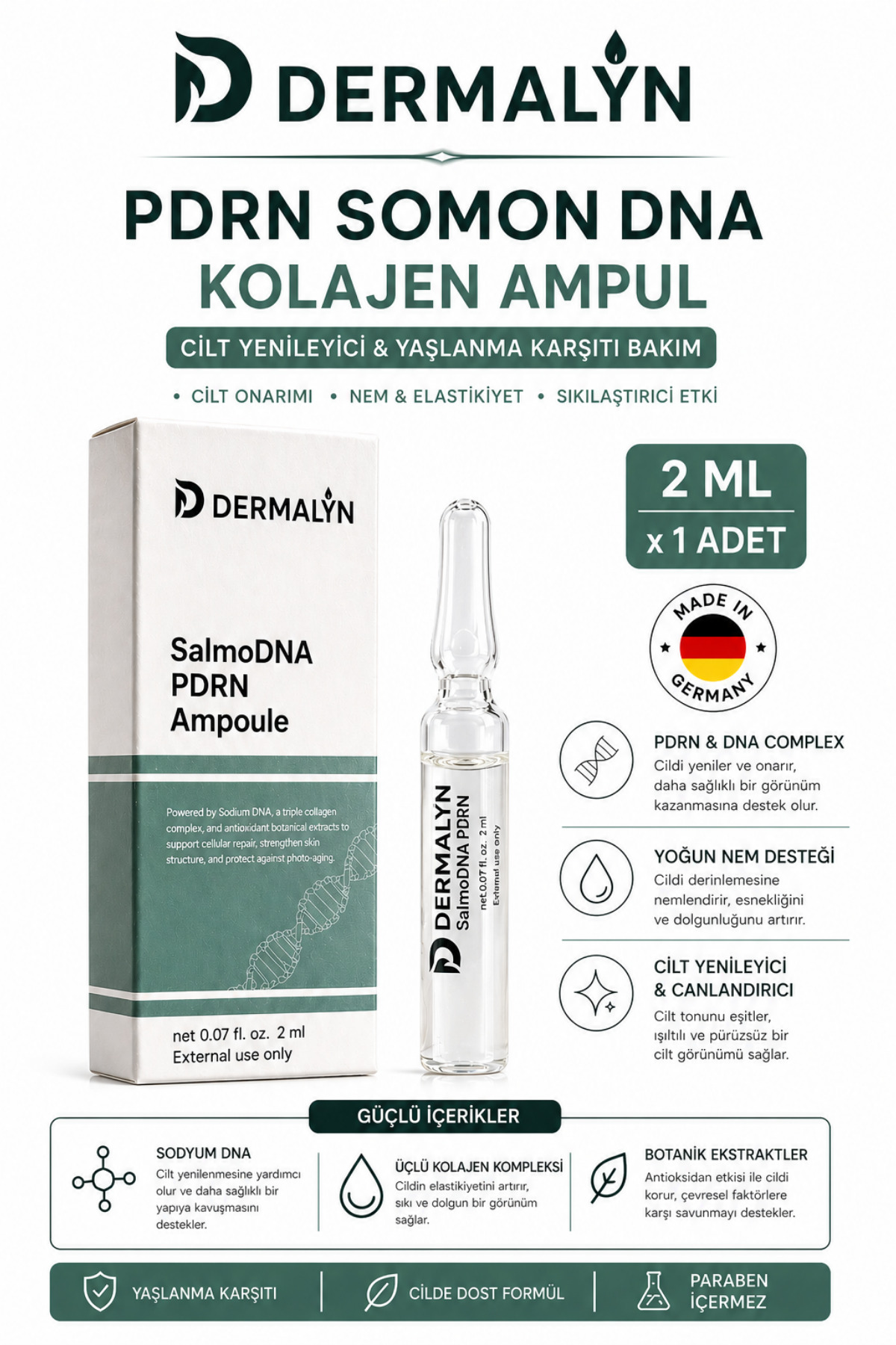 1 Adet PDRN Somon DNA Kolajen İçeren Cildi Gençleştirmeye Yardımcı Ampul Serum Dermaroller Dermapen — SALMODNA-1