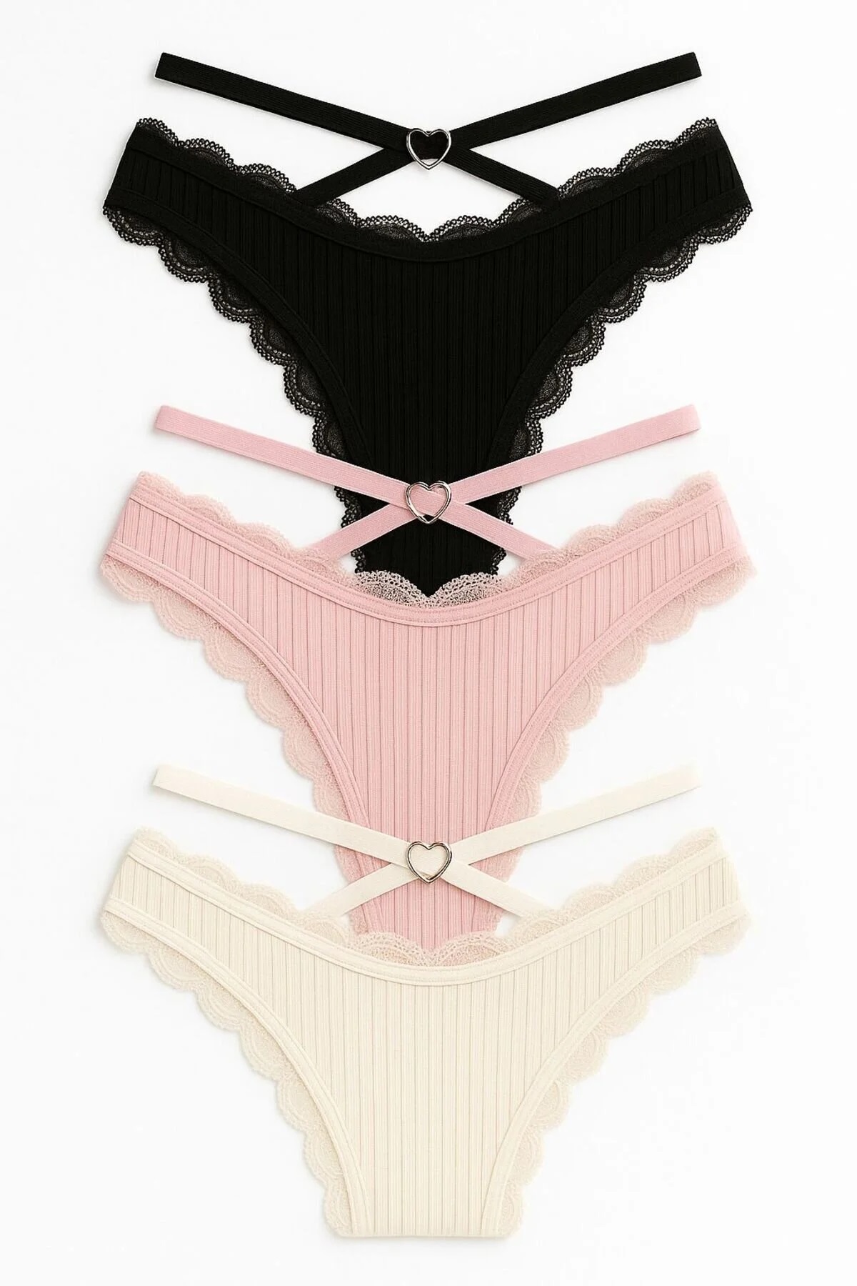 MAVİ QUMSAL Ribana Ringed Bikini Set of 3 Black White Pink