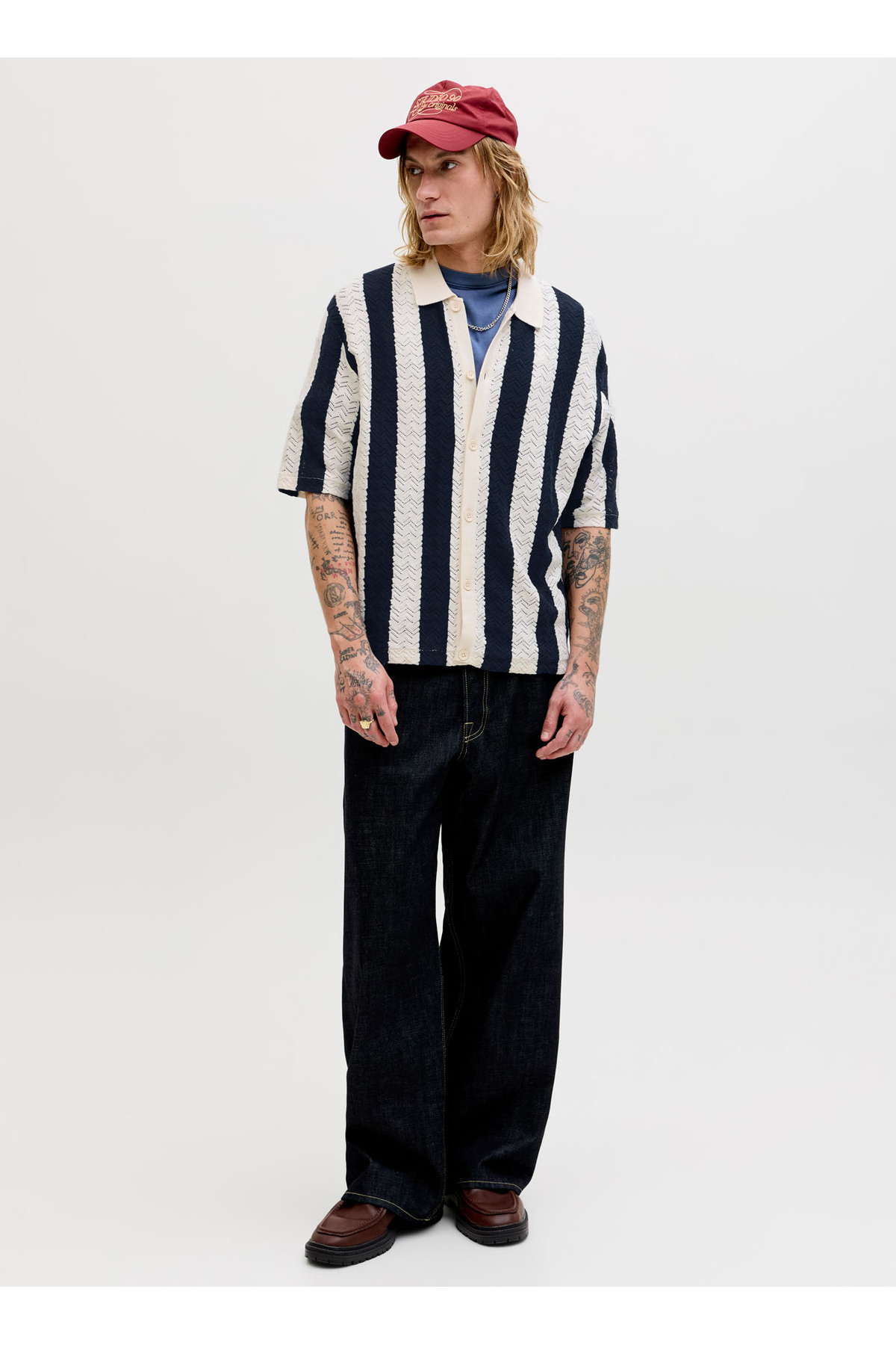 پلیور مردانه راه راه گشاد آبی 12272863 JORTYLER KNIT SS POLO SN جک اند جونز پلیور Jack & Jones