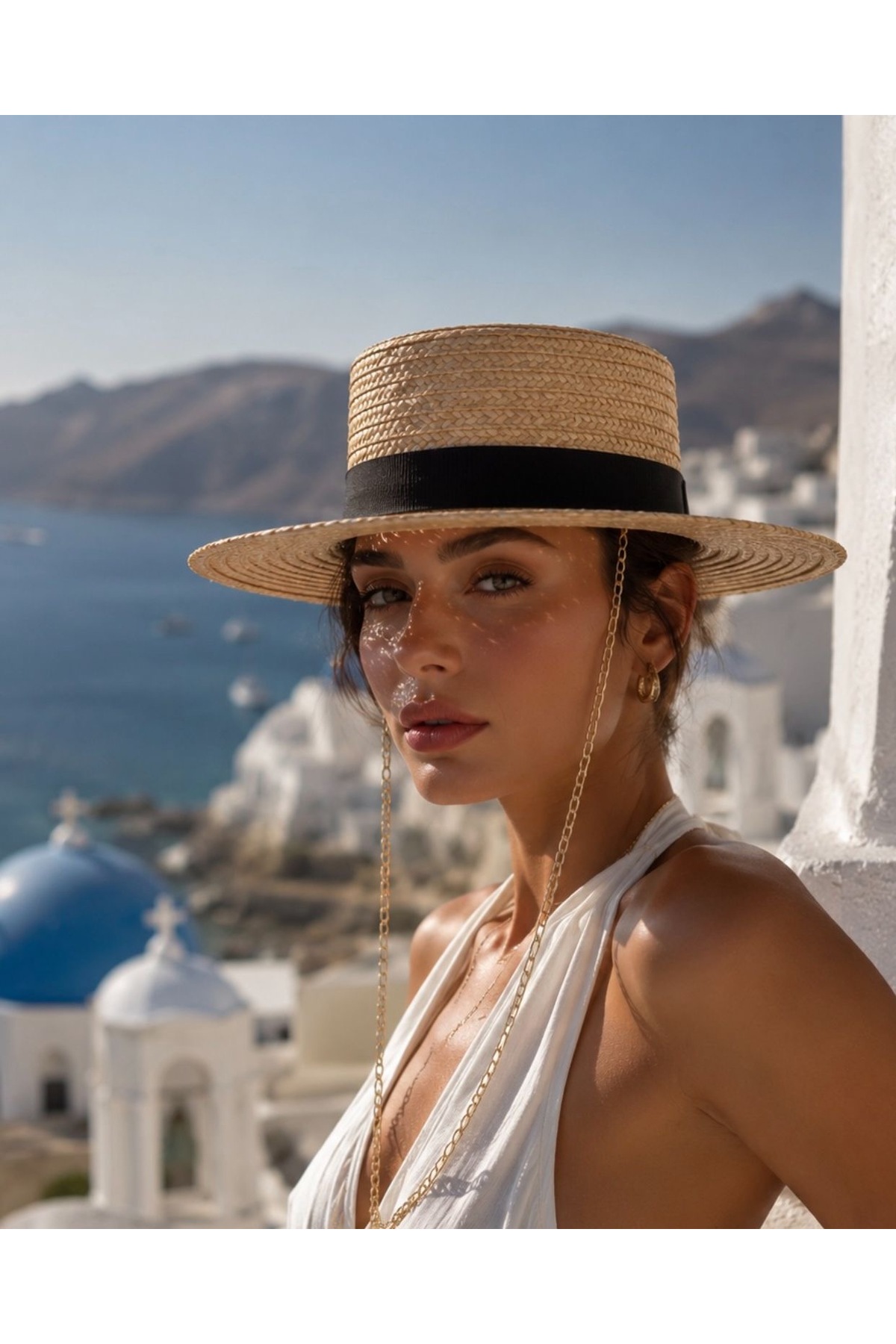 DESS DESIGN Boıte Straw Hat (zincirli Hasır Şapka )- Zincir Aksesuarlı Yazlık Kadın Doğal Hasır Boater Şapka görsel 5
