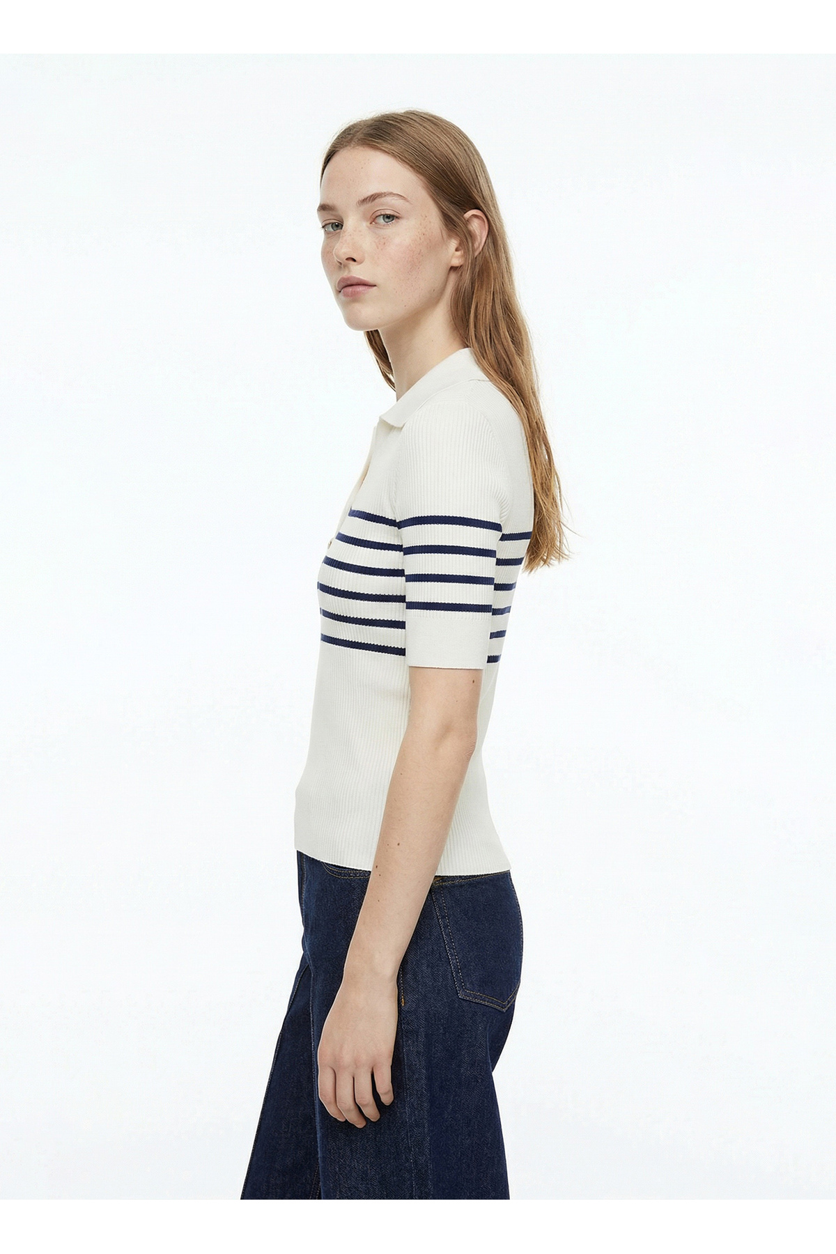Fabrika Ekru - Lacivert Kadın Çizgili Slim Fit Triko Kazak F6SL-KZK0500 görsel 3