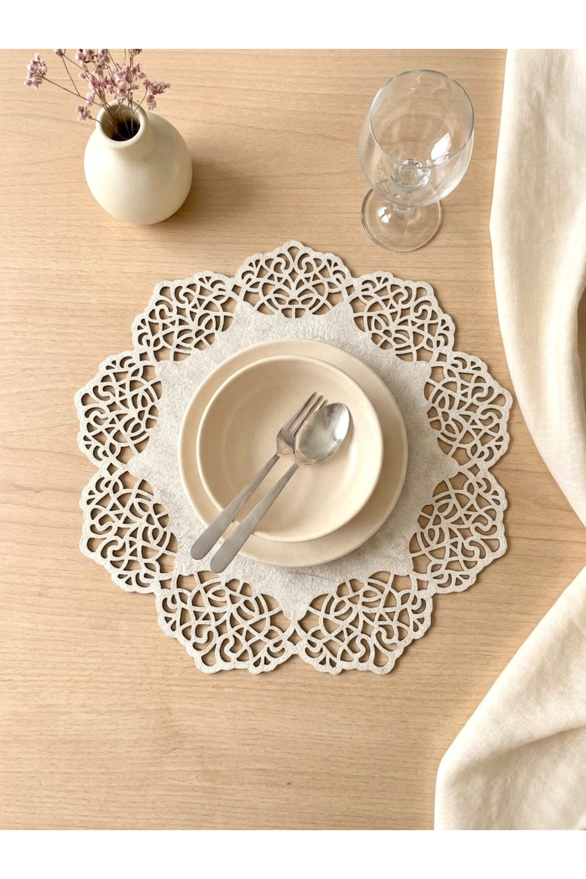 Beige (DARK CREAM) Suede Fabric American Service Underplate 35x35 Cm Round Set of 6 - Stylish and Durable