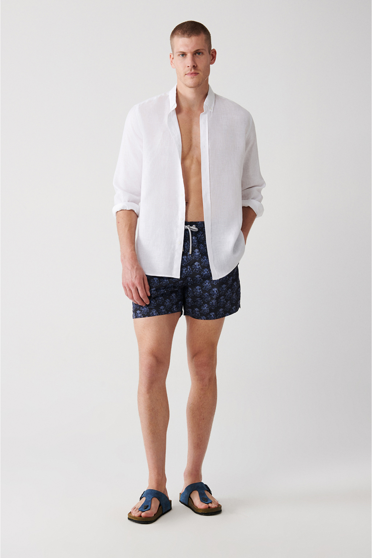 Men's Navy Blue Quick-Dry Printed Relaxed Fit Sea Shorts A31Y3815