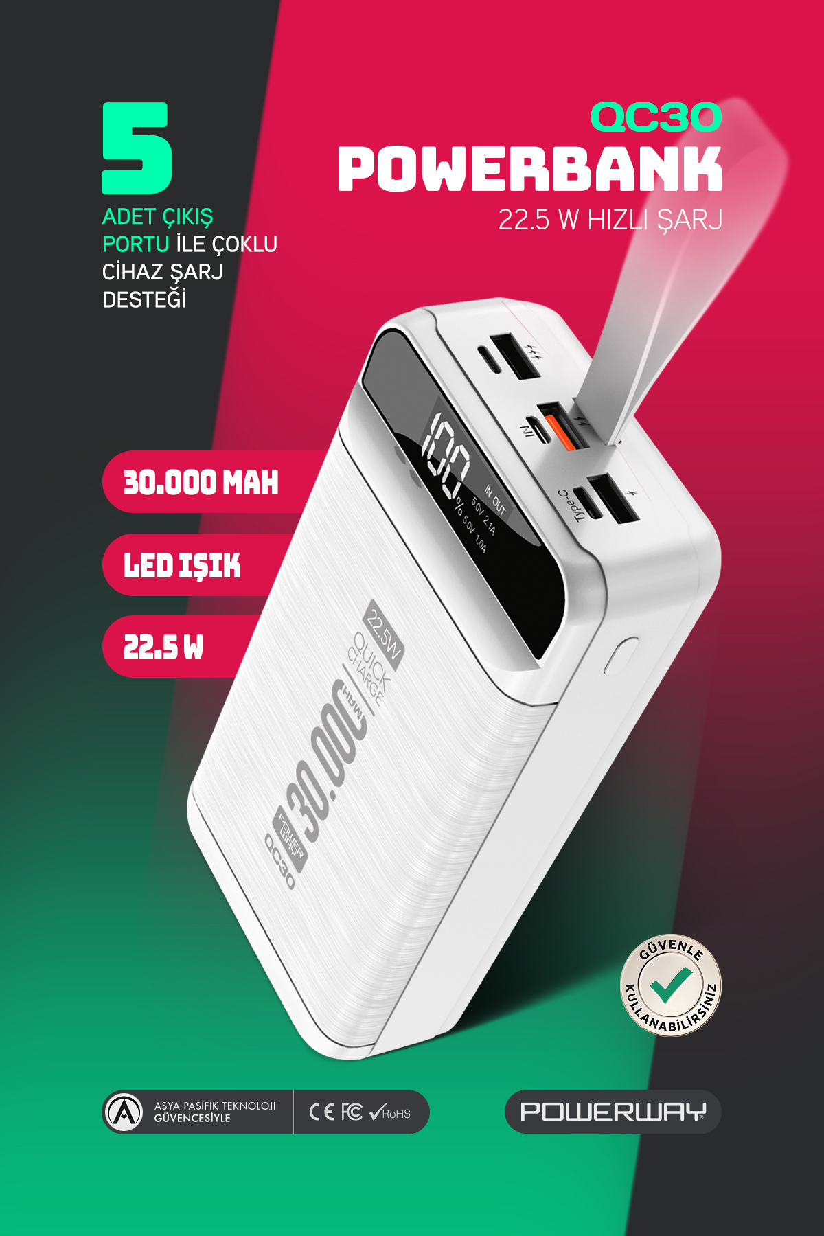 30,000 mAh PD 22.5 W Fast Charging Actual 30,000 mAh Guaranteed Led Flashlight Digital QC30 White Powerbank